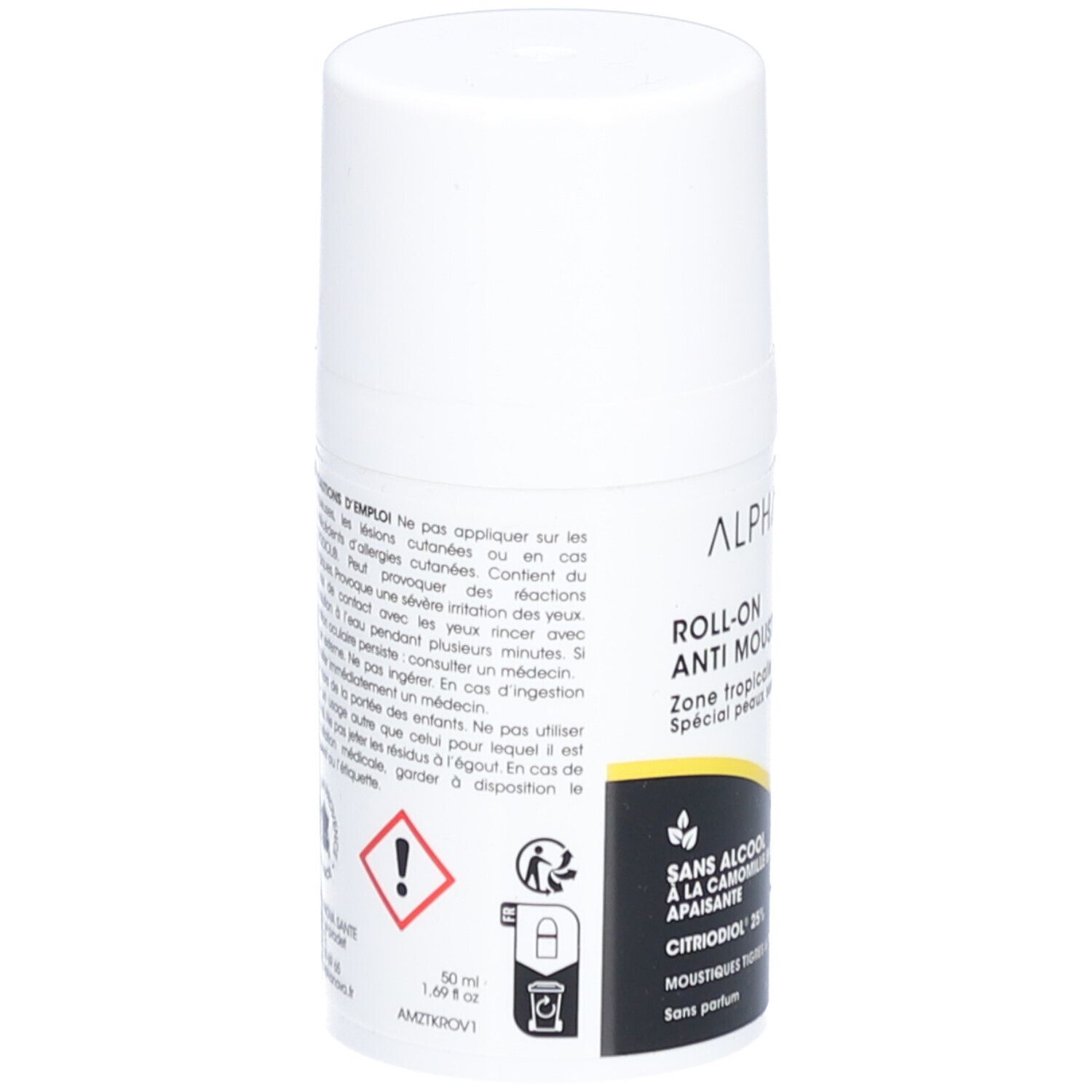 Dos du flacon roll-on blanc. Texte et pictogrammes. Avertissement. Inscriptions: ALPHANOVA SANTÉ, Roll-On Anti-Moustiques, Citriodiol 25%.