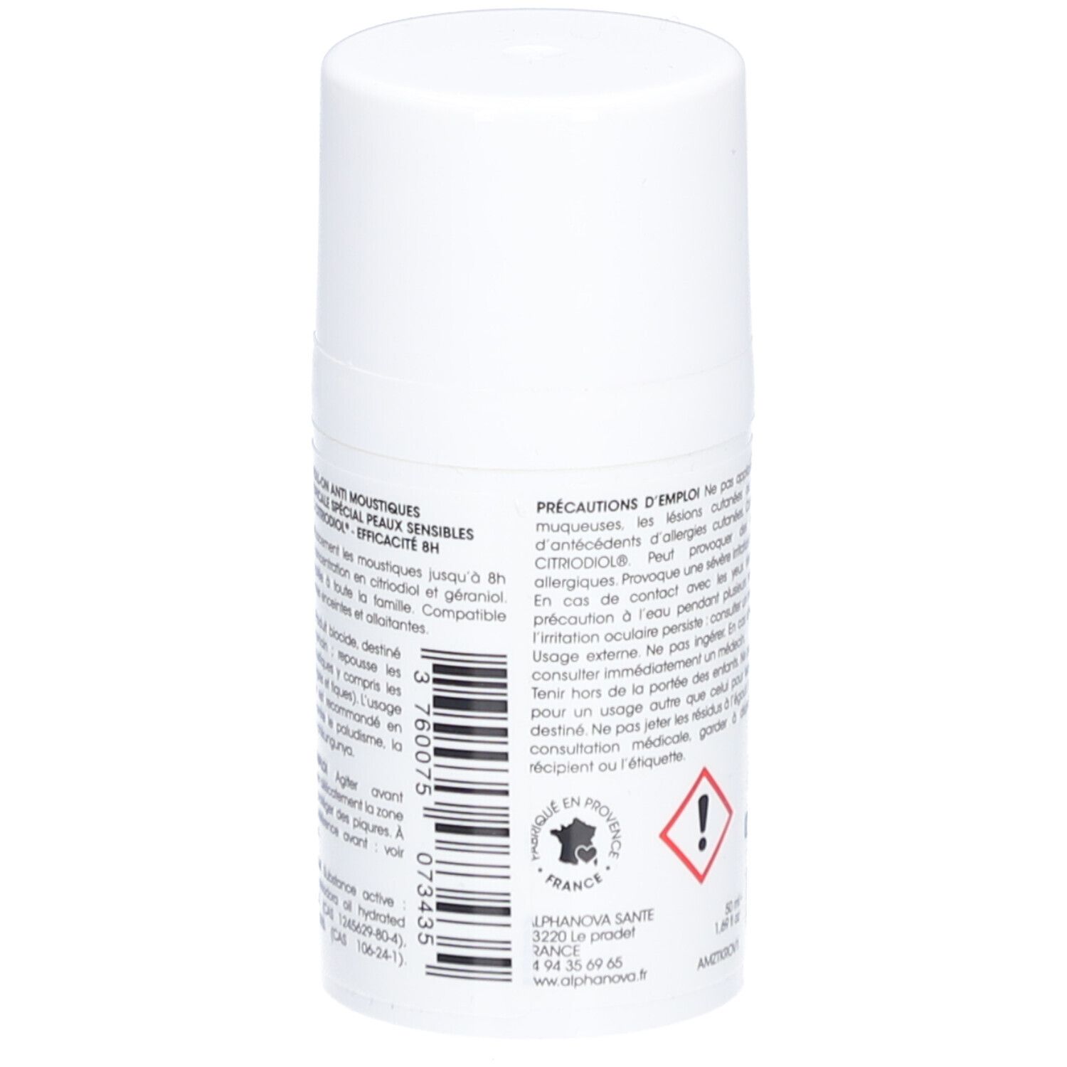 Dos du flacon roll-on blanc. Texte et pictogrammes. Fabriqué en France. Inscriptions: ALPHANOVA SANTÉ, Roll-On Anti-Moustiques, Citriodiol 25%.