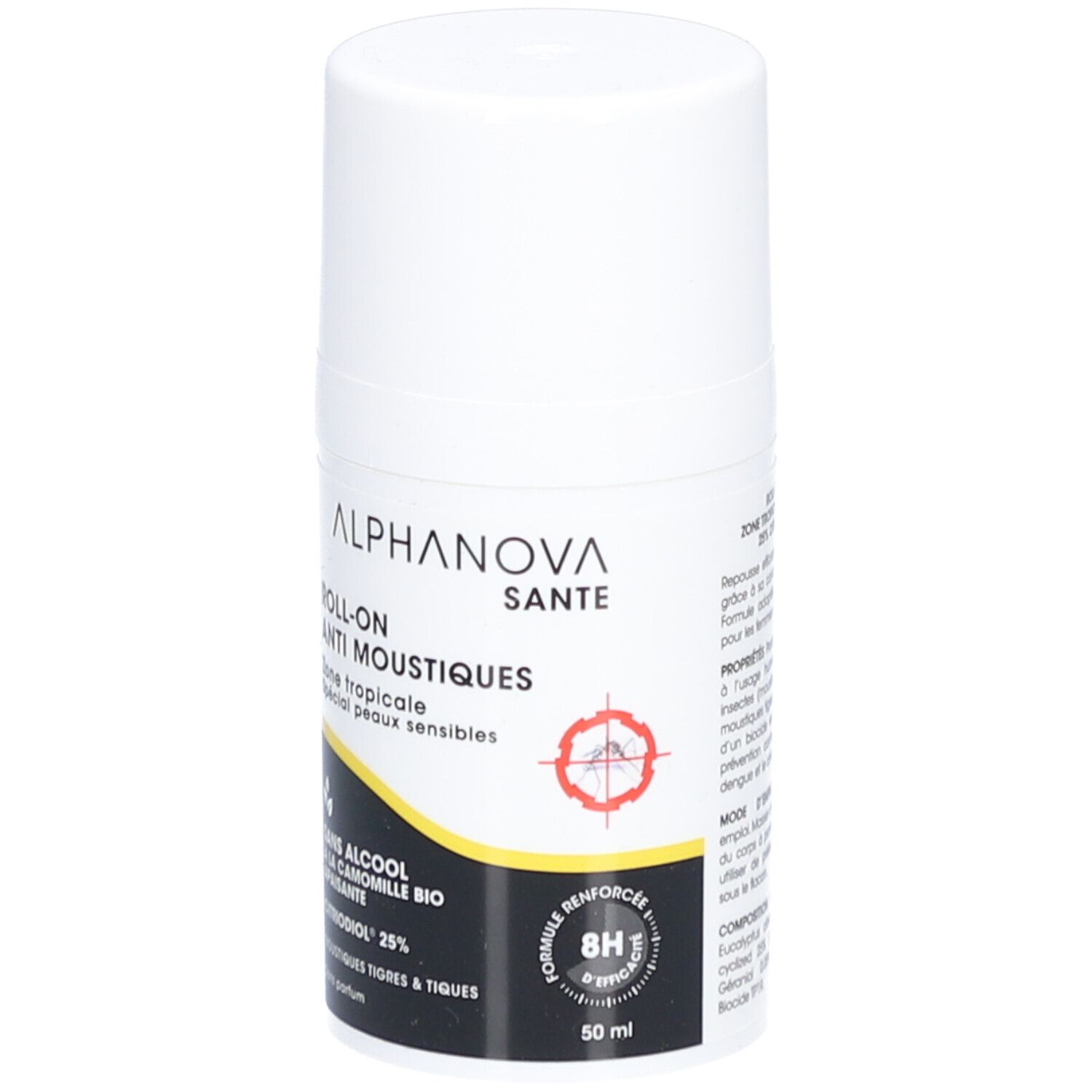 Flacon roll-on blanc. Inscriptions: ALPHANOVA SANTÉ, Roll-On Anti-Moustiques, Citriodiol 25%. Logo moustique. 8H efficacité.