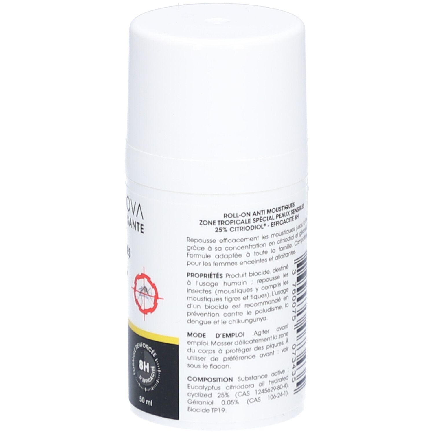Dos du flacon roll-on blanc. Texte. Inscriptions: ALPHANOVA SANTÉ, Roll-On Anti-Moustiques, Citriodiol 25%. Efficacité 8H. Ingrédients.