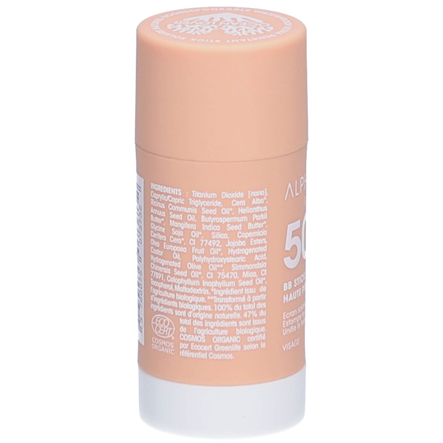 ALPHANOVA Organic Sun BB Stick. Dos du stick avec ingrédients et certification Bio.
