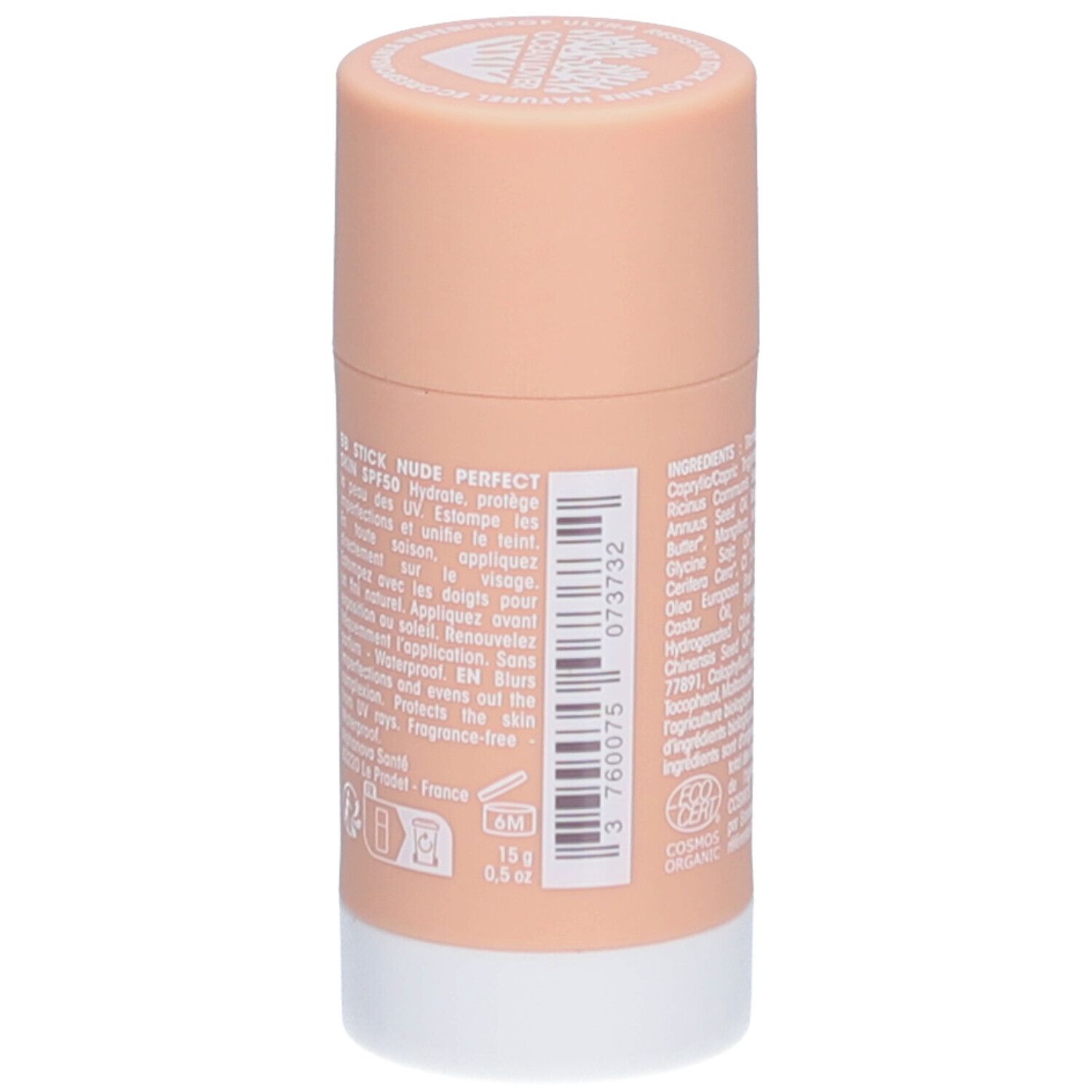 ALPHANOVA Organic Sun BB Stick. Stick avec code-barres, informations et certification Bio.