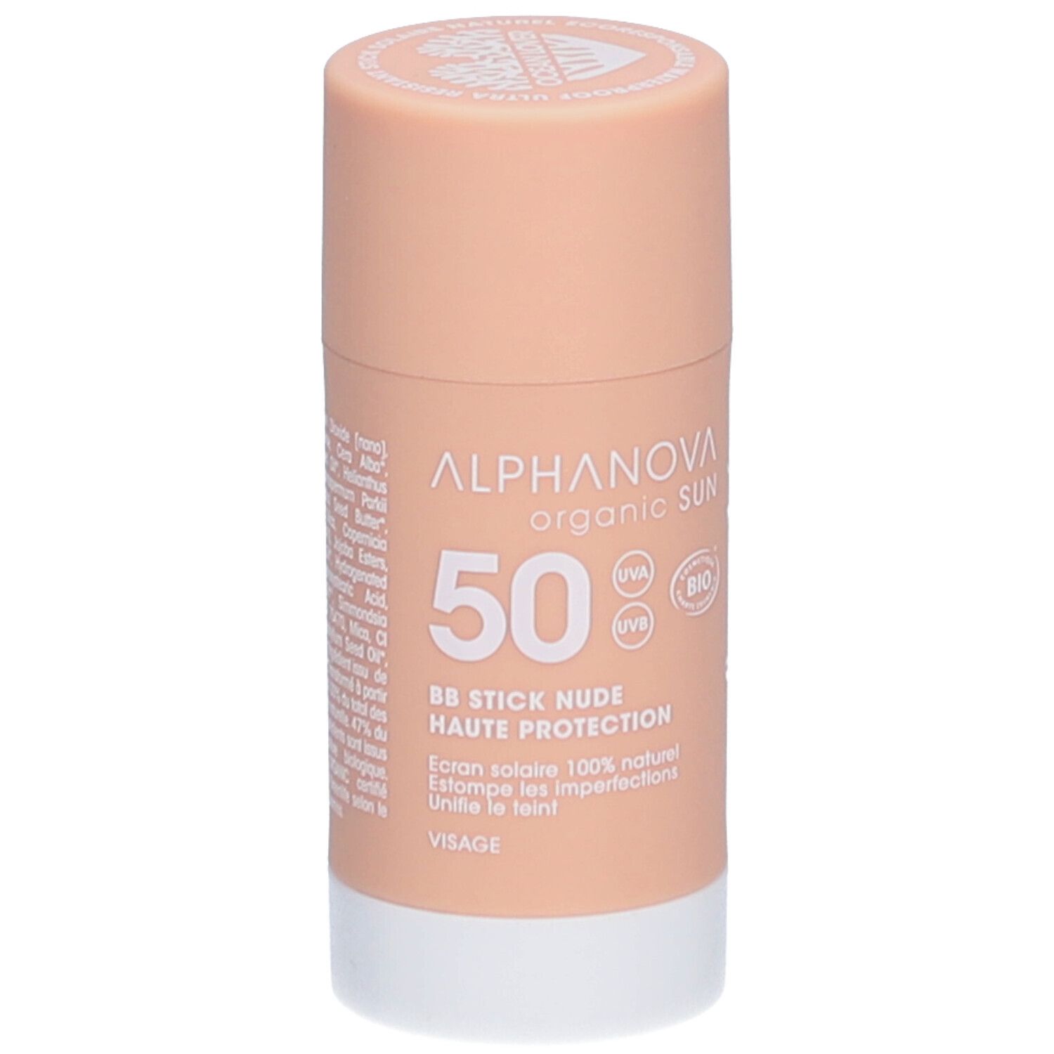 ALPHANOVA Organic Sun BB Stick. Nude, haute protection. Stick beige avec base blanche. Certification Bio.