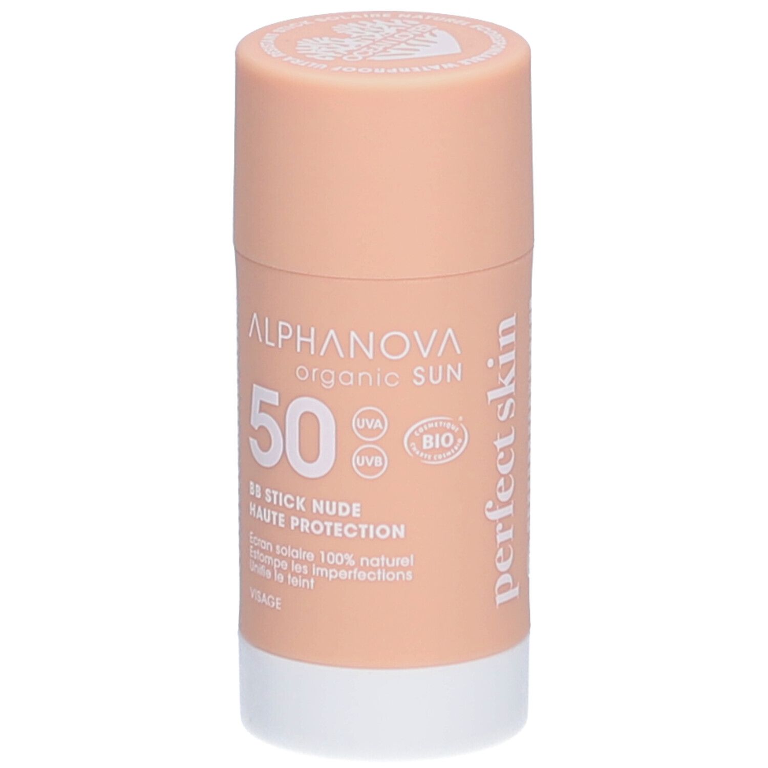 ALPHANOVA Organic Sun BB Stick. Nude, haute protection. Stick beige avec base blanche. Certification Bio.