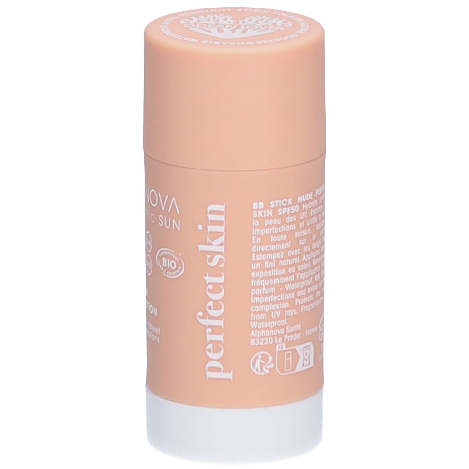 ALPHANOVA Organic Sun BB Stick. Nude, haute protection. Stick avec informations et certification Bio.