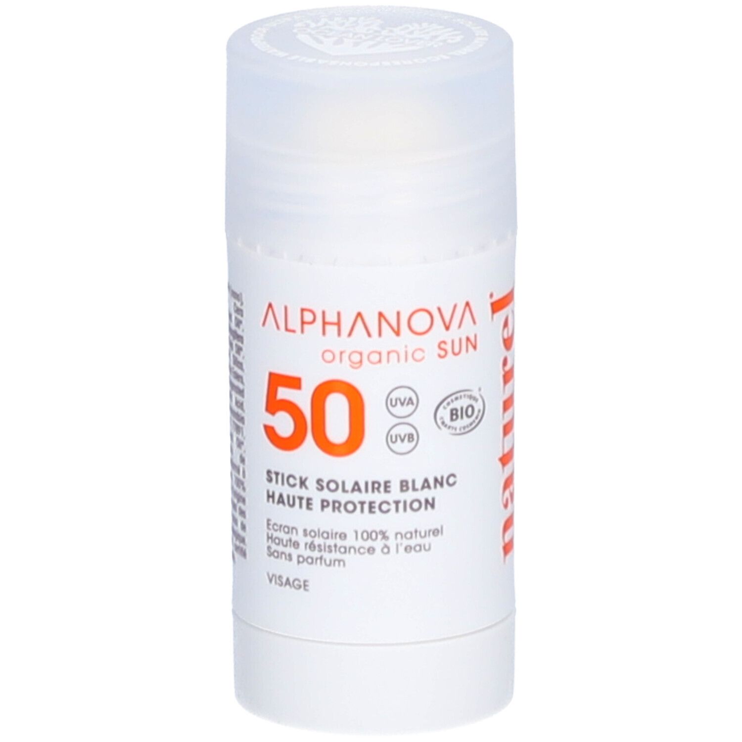Stick solaire blanc avec bouchon. Inscription: ALPHANOVA organic SUN, SPF50, certification BIO.