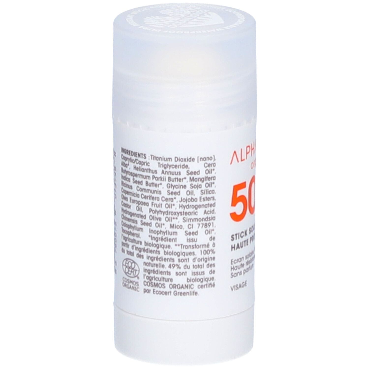 Dos du stick solaire blanc. Liste des ingrédients et certification COSMOS ORGANIC.