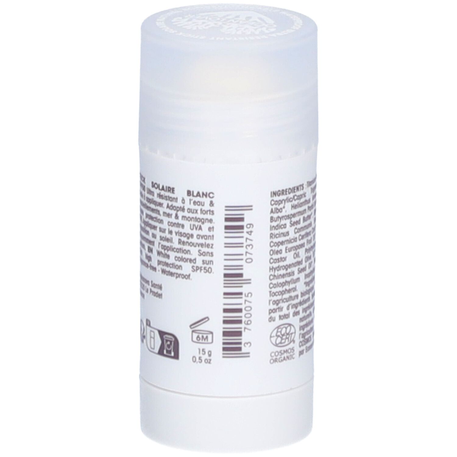 Dos du stick solaire blanc. Texte: STICK SOLAIRE BLANC, 15g, 0.5 oz, code-barres et logo COSMOS ORGANIC.