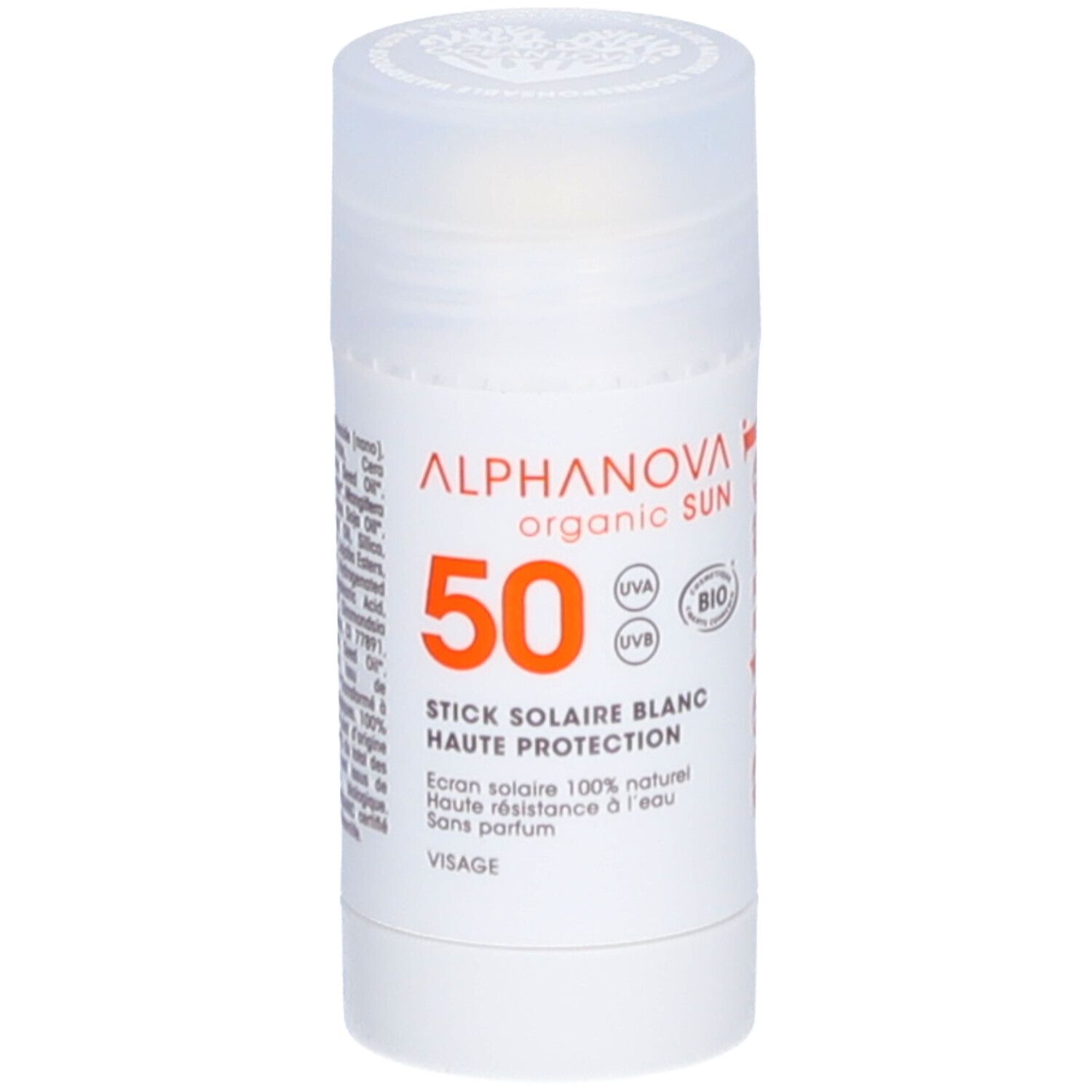 Stick solaire blanc avec bouchon. Inscription: ALPHANOVA organic SUN, SPF50, certification BIO.