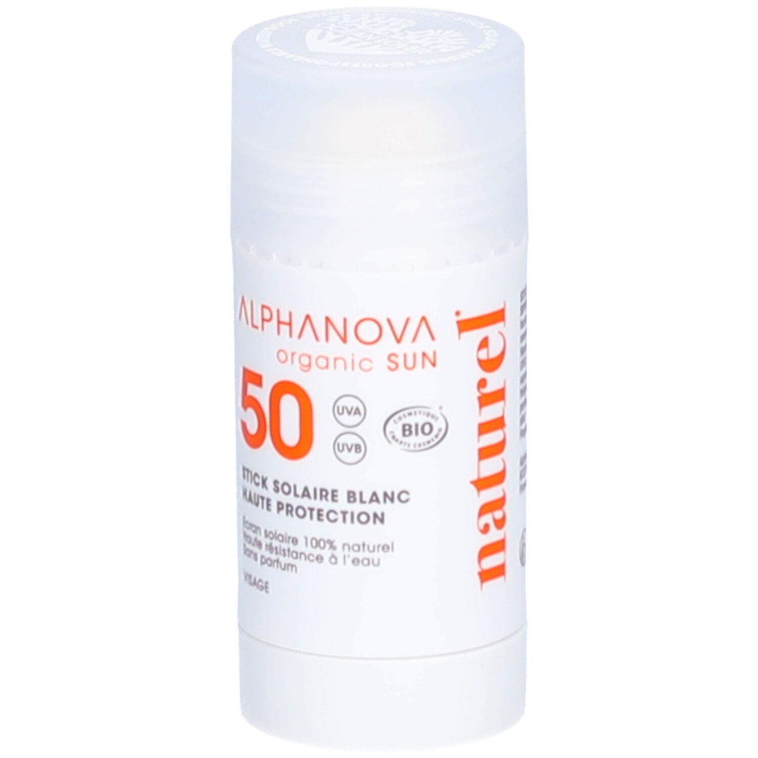 Stick solaire blanc avec bouchon. Inscription: ALPHANOVA organic SUN, SPF50, certification BIO, naturel.