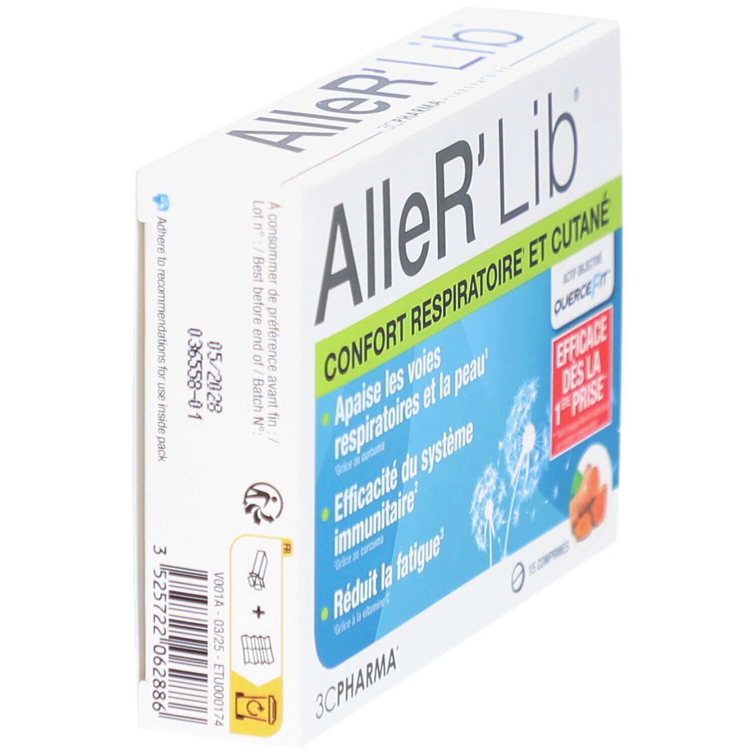 Boîte Aller'Lib, 15 comprimés. Texte: Confort Respiratoire et Cutané. Logo 3C Pharma. Informations au dos.