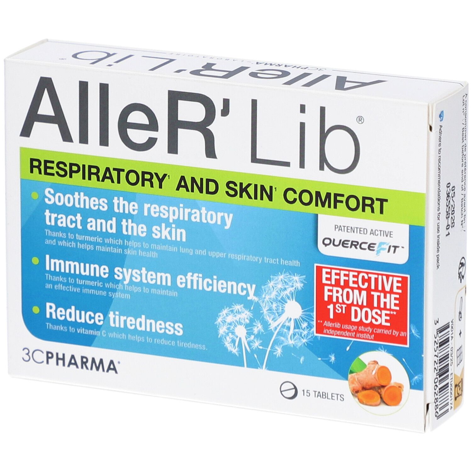 Boîte Aller'Lib, 15 comprimés. Texte: Respiratory and Skin Comfort. Logo 3C Pharma. Illustration de curcuma.