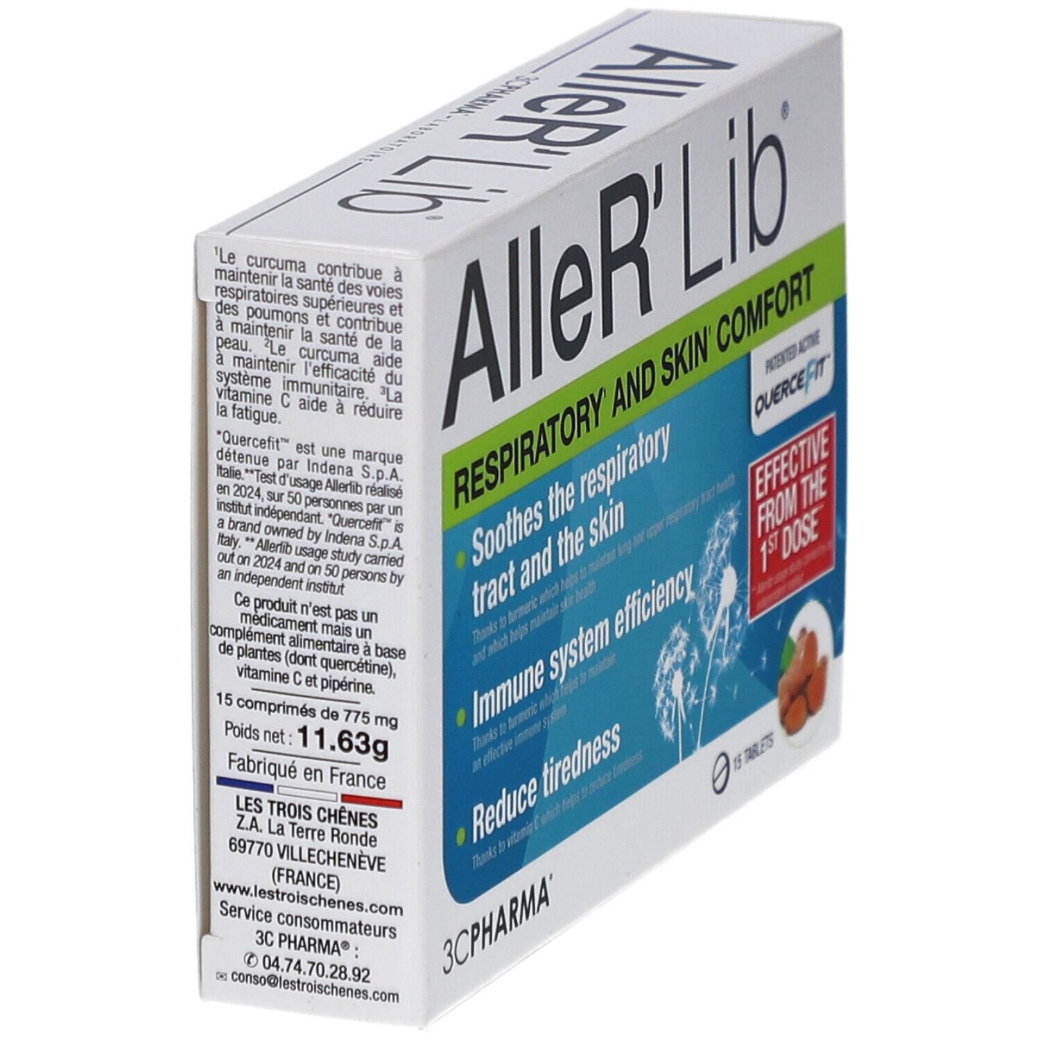 Boîte Aller'Lib, 15 comprimés. Texte: Respiratory and Skin Comfort. Logo 3C Pharma. Informations au dos.