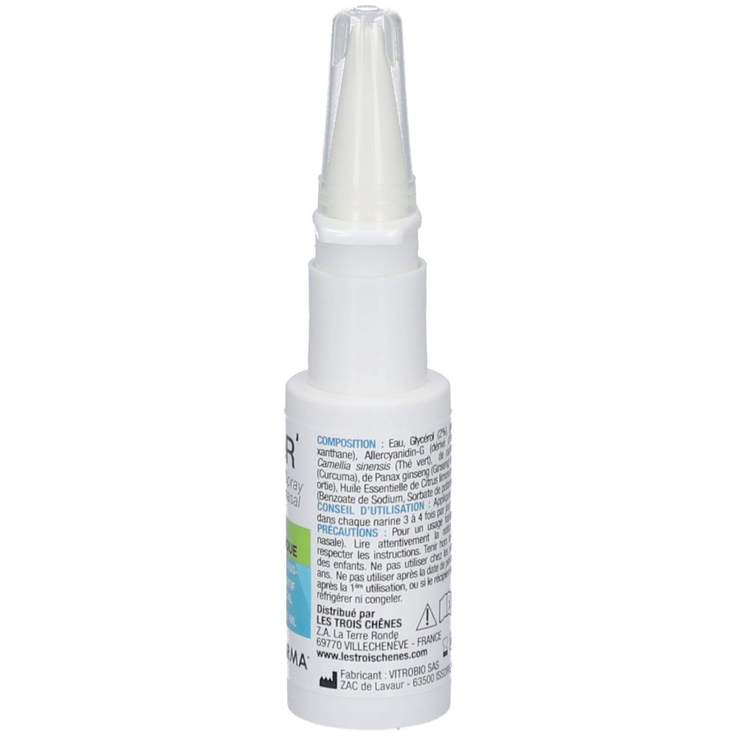 Flacon de spray nasal blanc avec embout. Verso avec texte. Marquage CE. 3C Pharma.