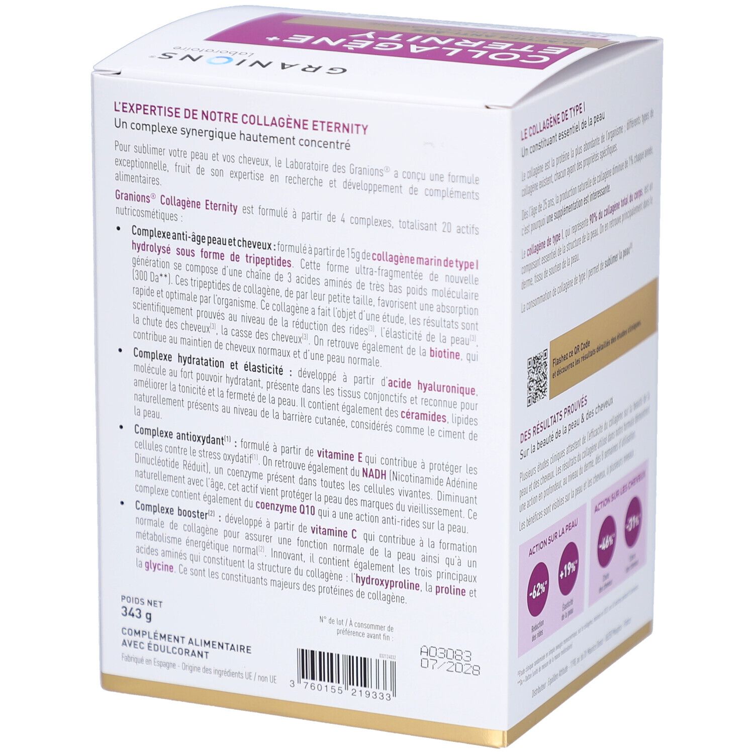 Boîte blanche avec texte. Informations sur COLLAGÈNE+ ÉTERNITY. Logo Granions Laboratoire. Texte en français.