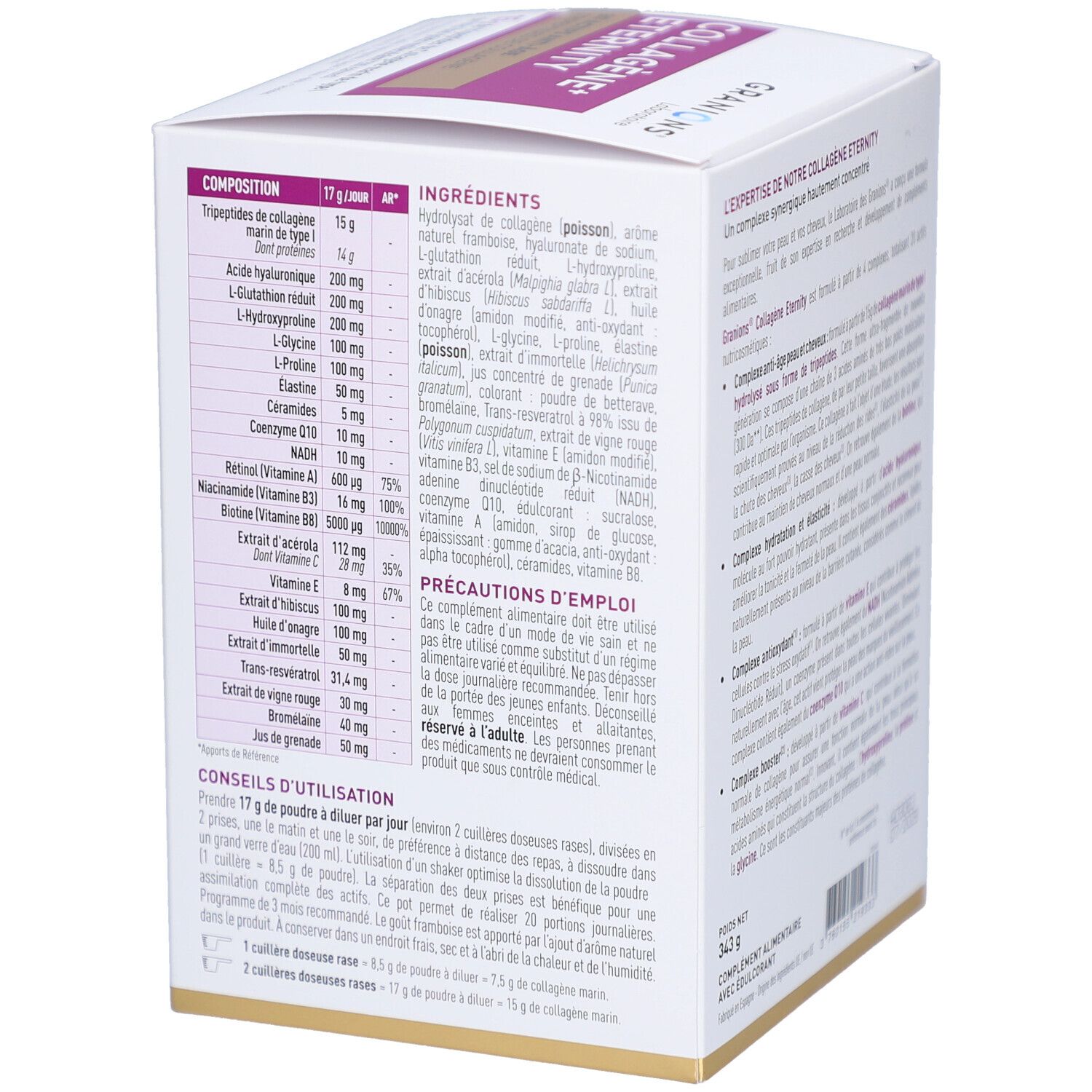 Boîte blanche avec ingrédients et conseils d'utilisation. COLLAGÈNE+ ÉTERNITY. Logo Granions Laboratoire. Texte en français.