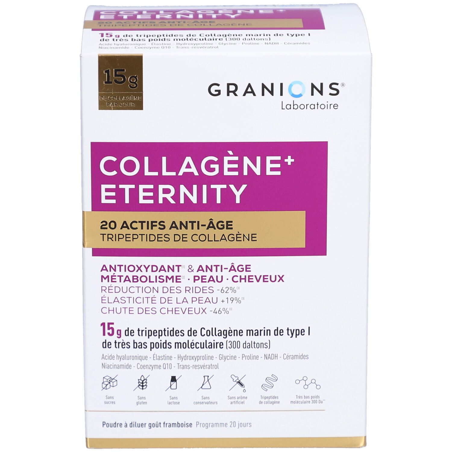 Boîte blanche COLLAGÈNE+ ÉTERNITY. Ingrédients: 15g, Granions Laboratoire. 20 actifs anti-âge. Texte en français.