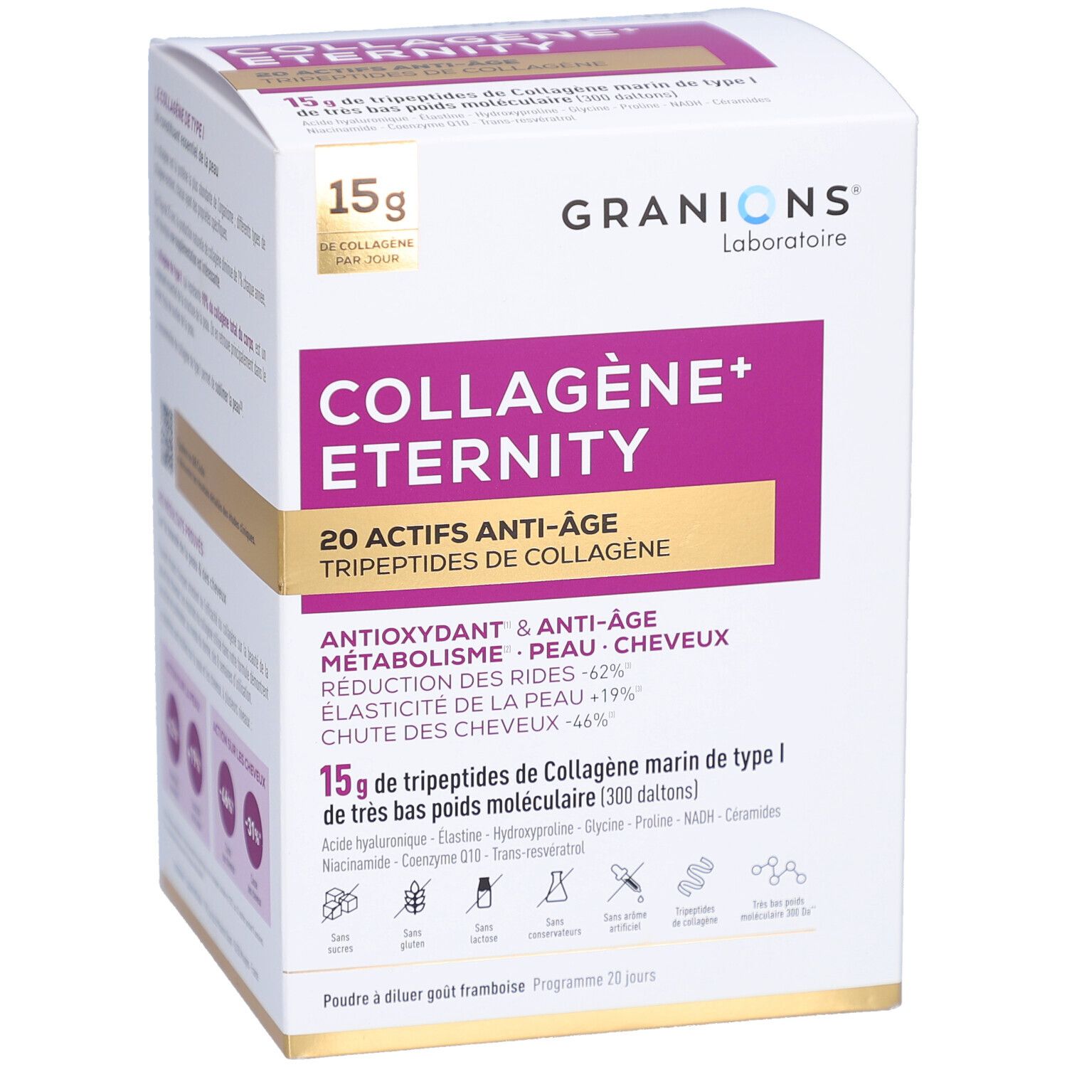Boîte blanche COLLAGÈNE+ ÉTERNITY. Ingrédients: 15g, Granions Laboratoire. 20 actifs anti-âge. Texte en français.