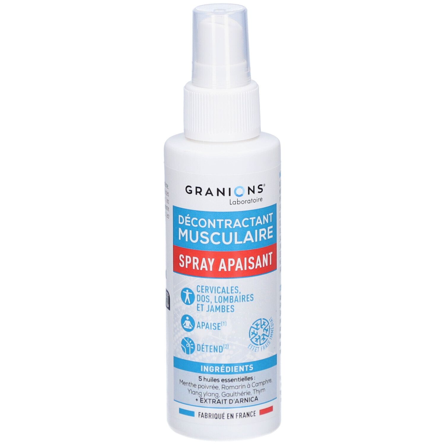 Spray blanc GRANIONS. Inscription: Décontractant Musculaire Spray Apaisant. Pour cervicales, dos, lombaires et jambes.