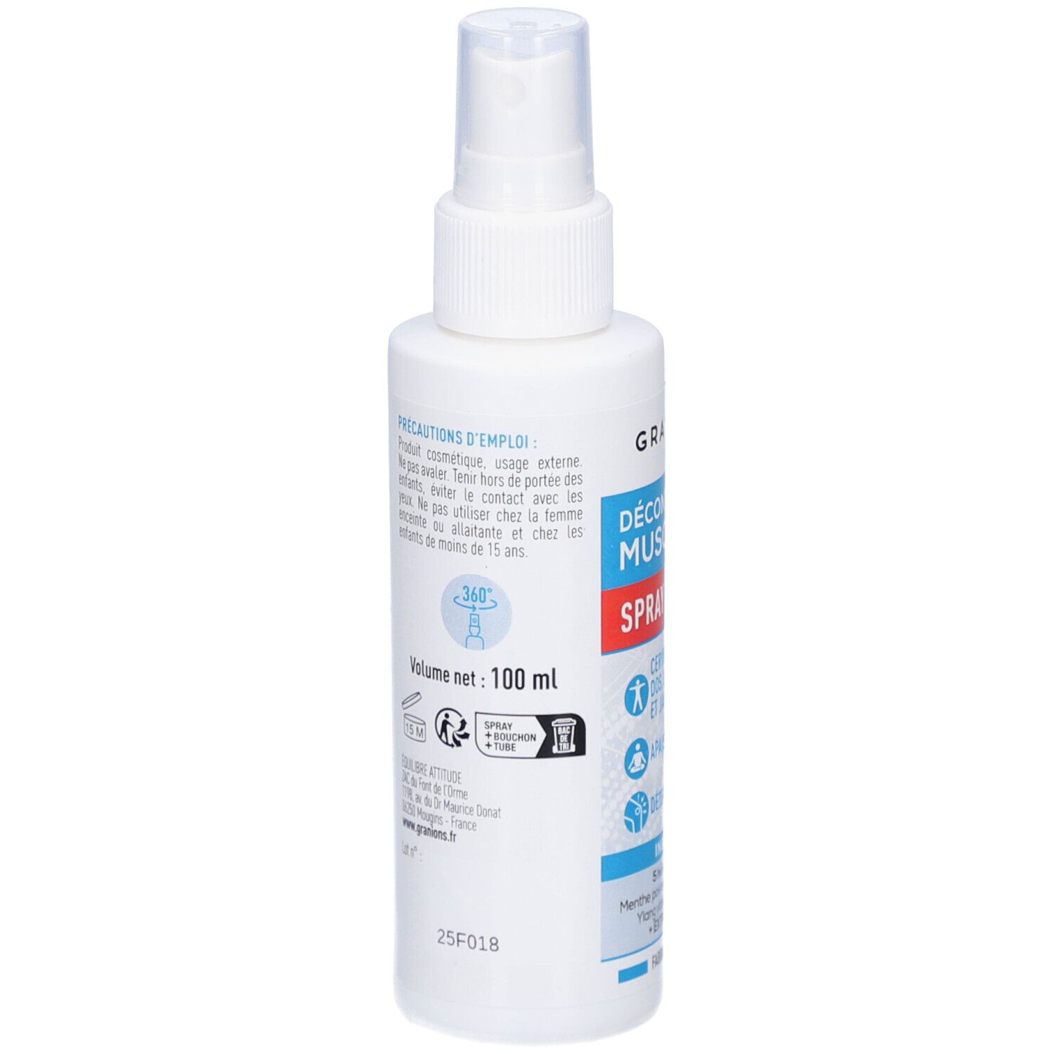 Spray blanc GRANIONS. Dos avec informations. Volume : 100 ml. Avec pictogrammes et informations d'utilisation.