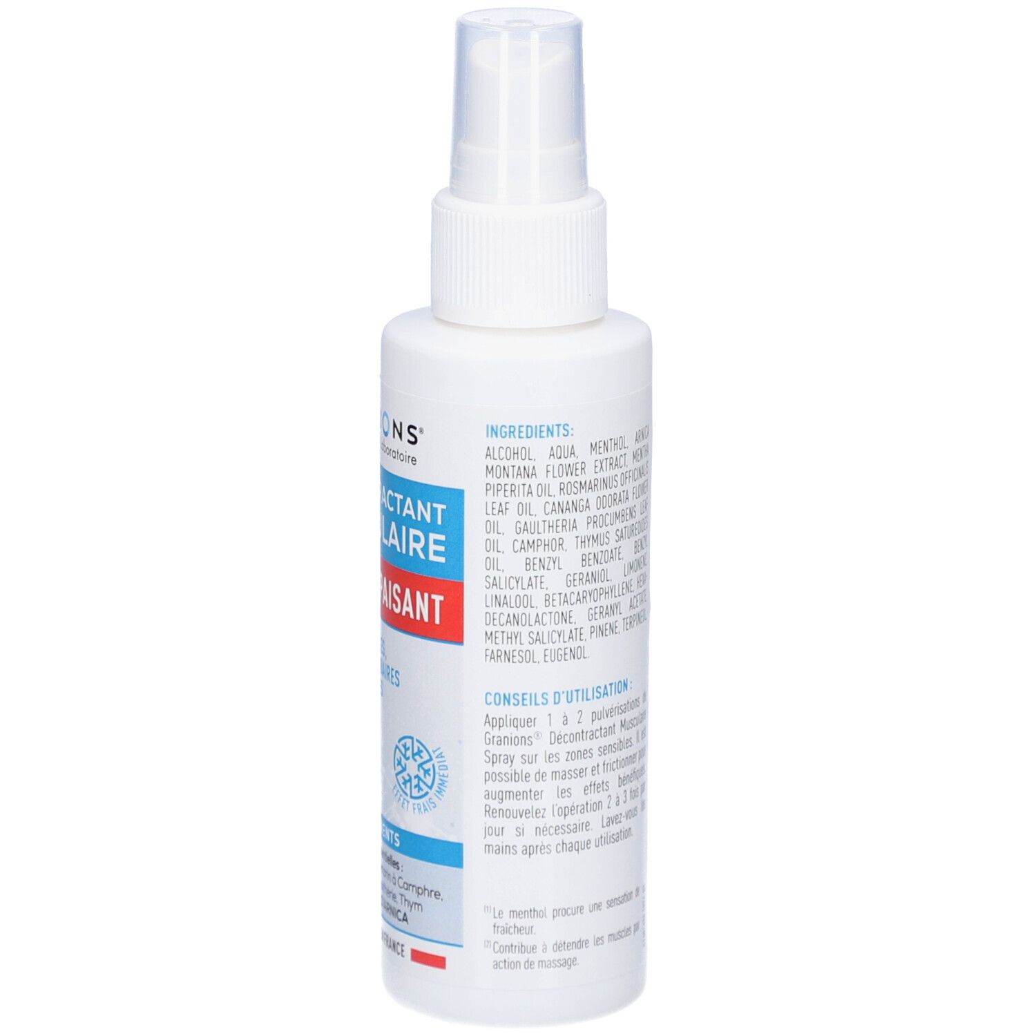 Spray blanc GRANIONS. Dos avec ingrédients et conseils d'utilisation. Texte en français.