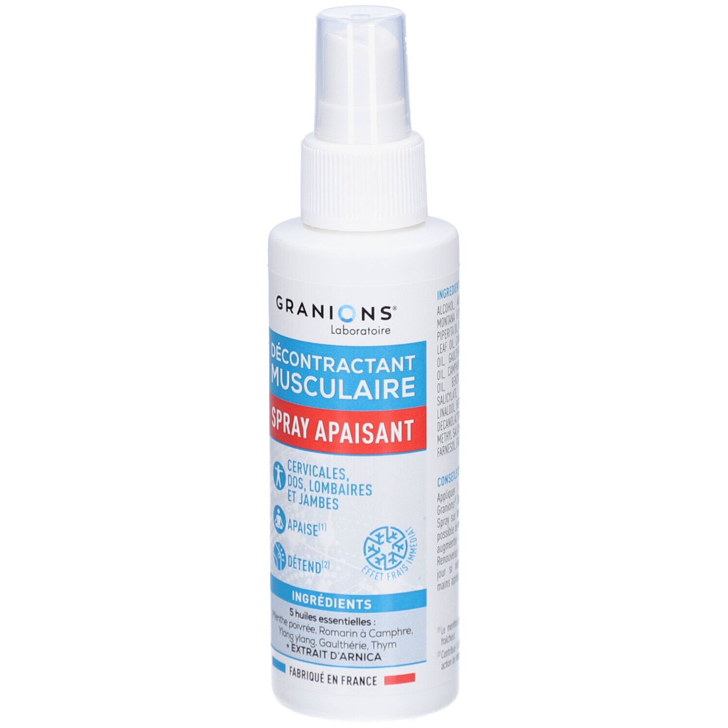 Spray blanc GRANIONS. Inscription: Décontractant Musculaire Spray Apaisant. Pour cervicales, dos, lombaires et jambes.
