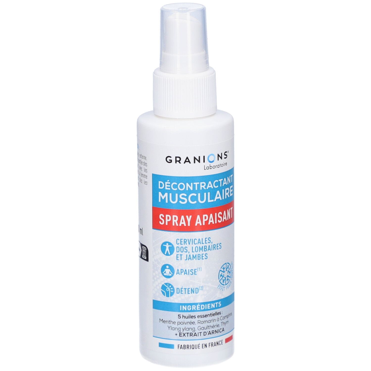 Spray blanc GRANIONS. Inscription: Décontractant Musculaire Spray Apaisant. Pour cervicales, dos, lombaires et jambes.