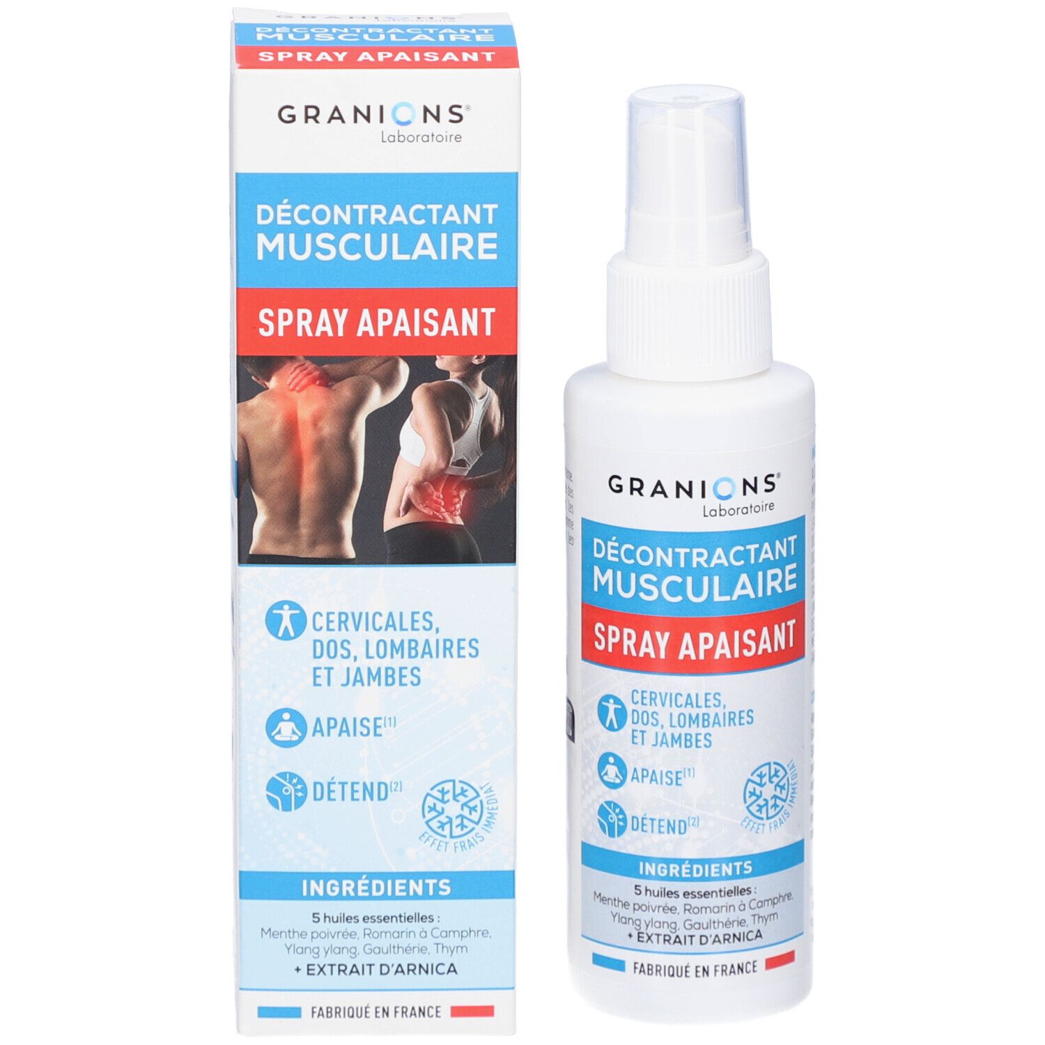 Spray et boîte GRANIONS. Inscription: Décontractant Musculaire Spray Apaisant. Pour cervicales, dos, lombaires et jambes.