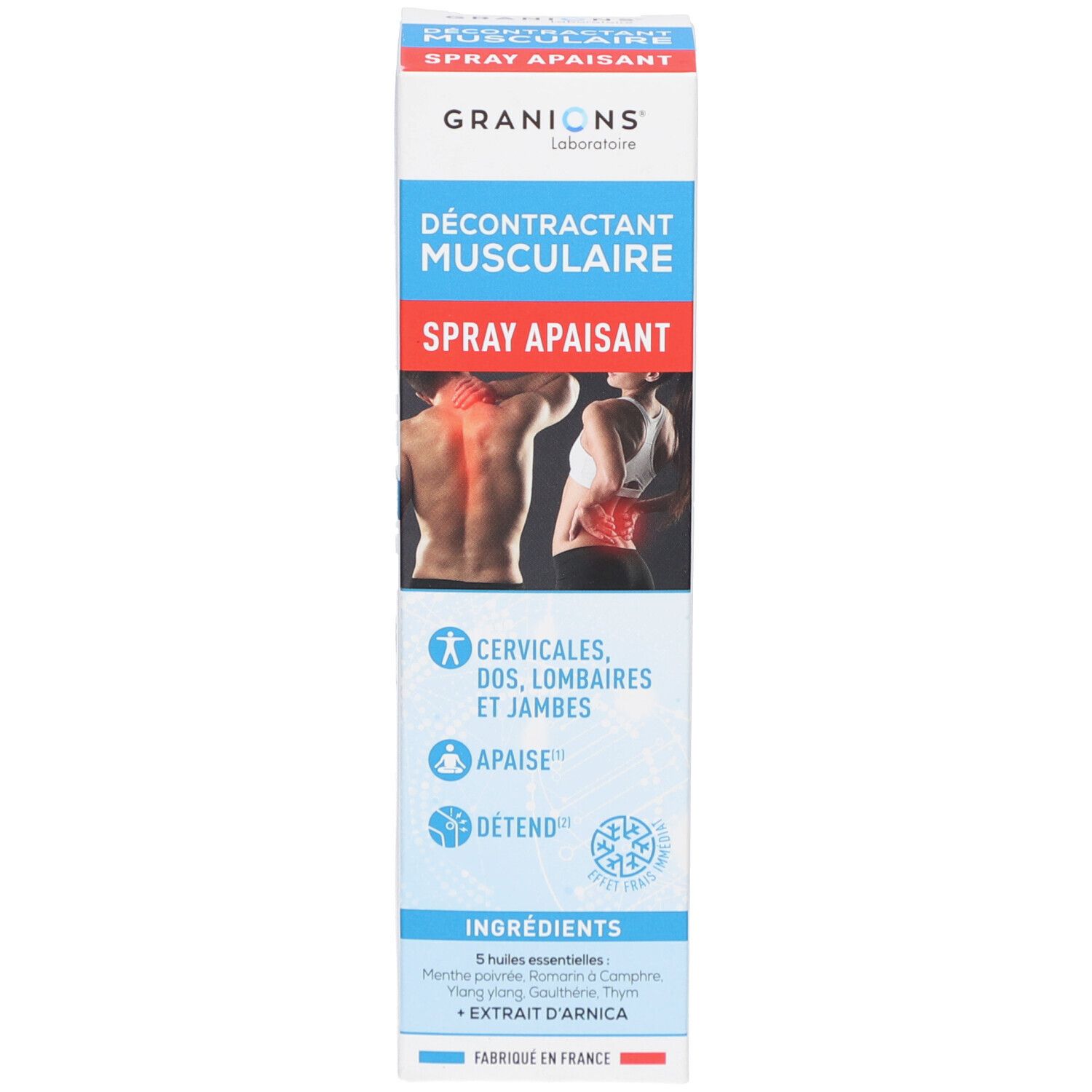 Boîte GRANIONS. Inscription: Décontractant Musculaire Spray Apaisant. Pour cervicales, dos, lombaires et jambes. Avec illustration.