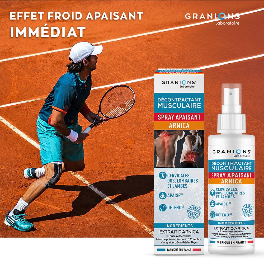 Joueur de tennis avec flacon spray. Inscription : Décontractant Musculaire Spray Apaisant. Effet froid immédiat. Avec Arnica.