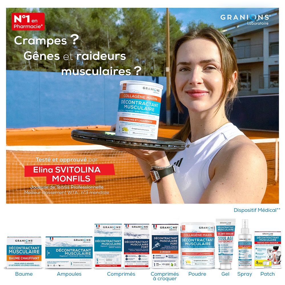 Femme avec raquette de tennis. Produits : Décontractant Musculaire Spray, Collagène Marin. Dispositif médical.