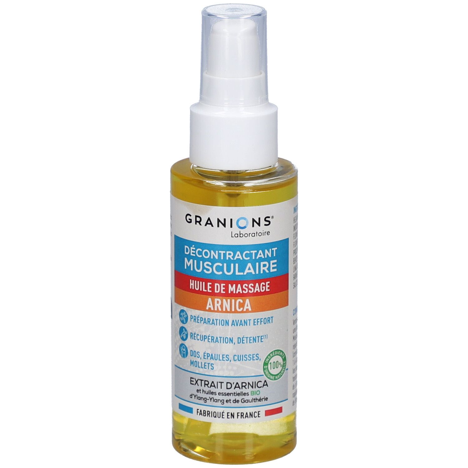 Flacon d'huile avec vaporisateur blanc. Inscription: GRANIONS Décontractant Musculaire Huile de Massage Arnica. Certification verte 100%.