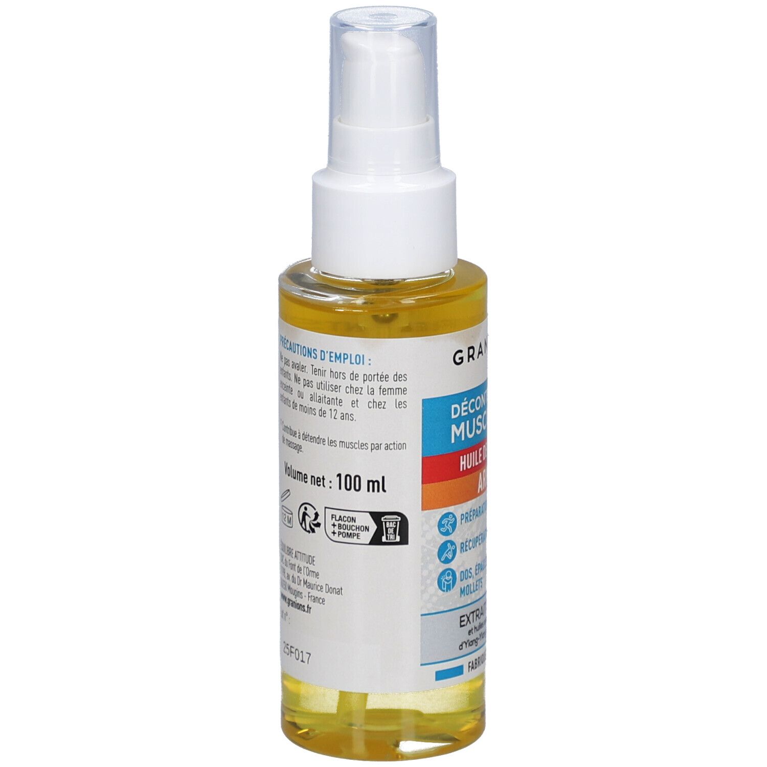 Dos du flacon d'huile avec vaporisateur blanc. Texte: Précautions d'emploi, Volume net: 100 ml. Avec symbole de recyclage.