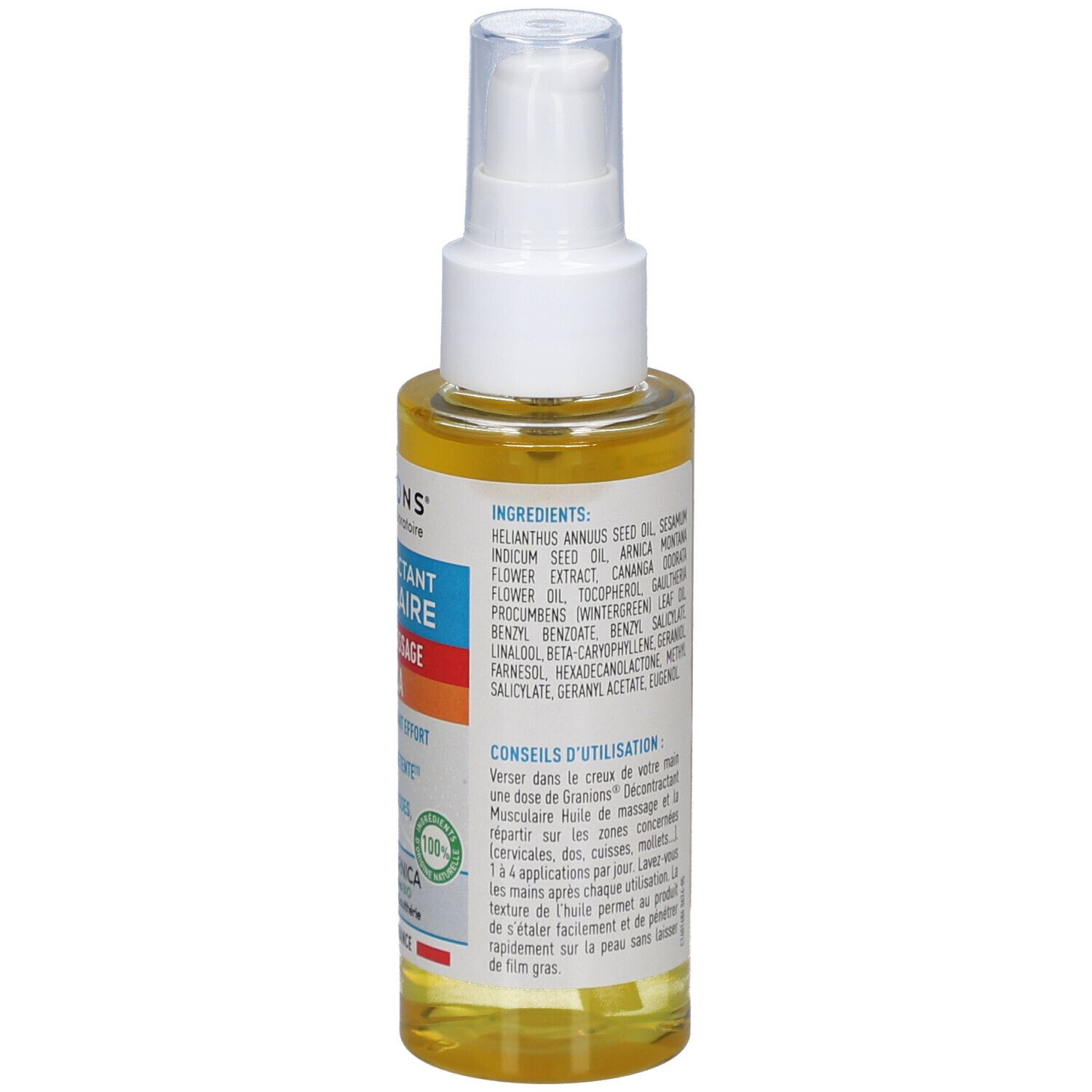 Dos du flacon d'huile avec vaporisateur blanc. Texte: Ingrédients, Conseils d'utilisation. Avec certification 100%.