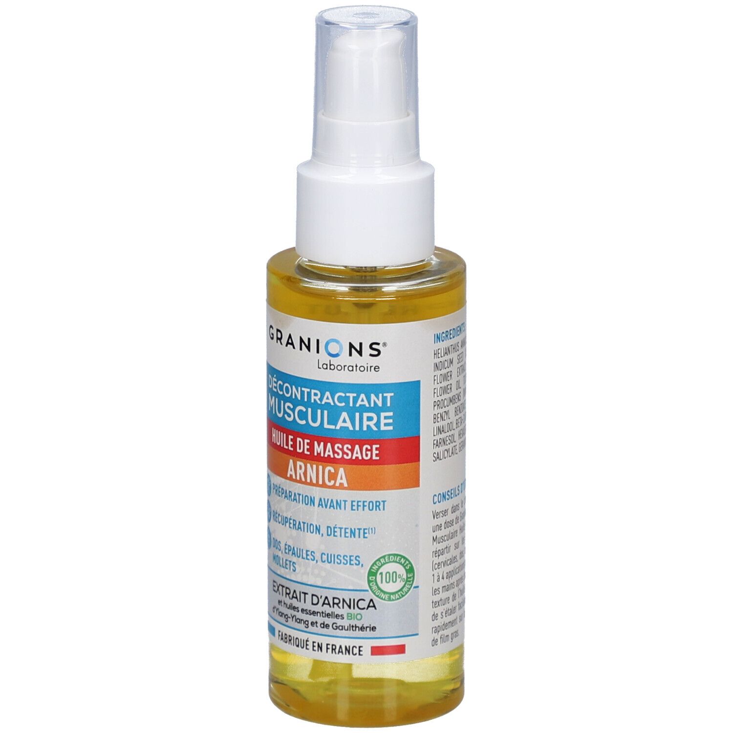 Flacon d'huile avec vaporisateur blanc. Inscription: GRANIONS Décontractant Musculaire Huile de Massage Arnica. Certification verte 100%.