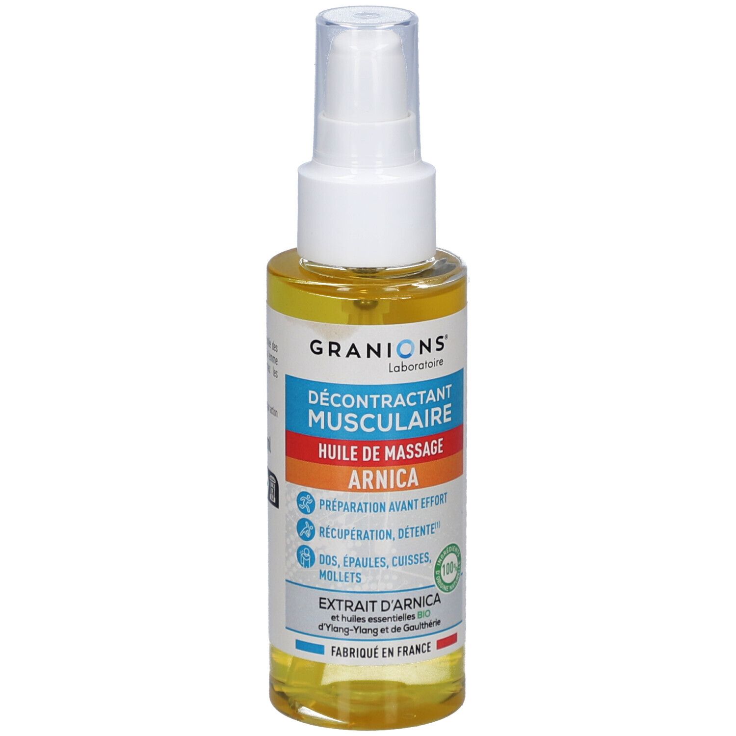 Flacon d'huile avec vaporisateur blanc. Inscription: GRANIONS Décontractant Musculaire Huile de Massage Arnica. Certification verte 100%.
