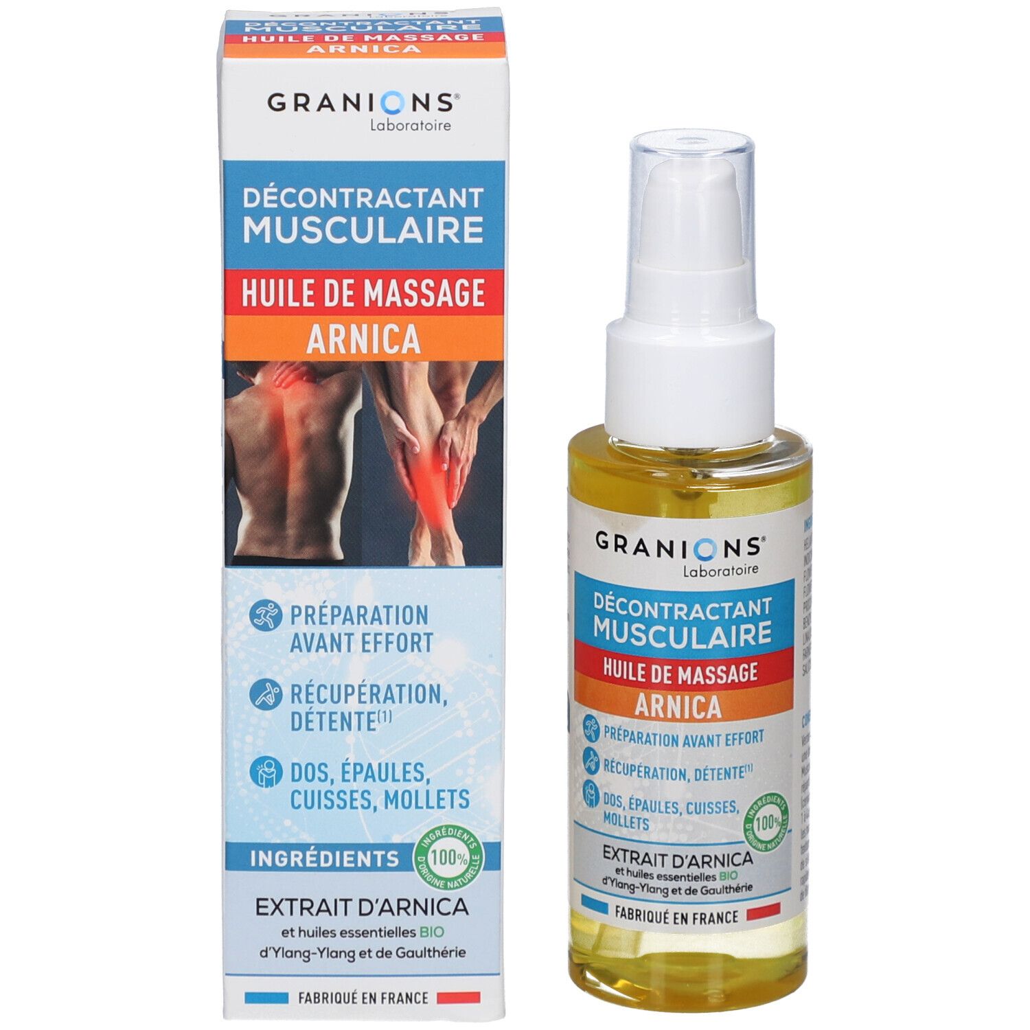 Emballage du produit et flacon d'huile. Emballage: GRANIONS Décontractant Musculaire Huile de Massage Arnica. Flacon avec vaporisateur.