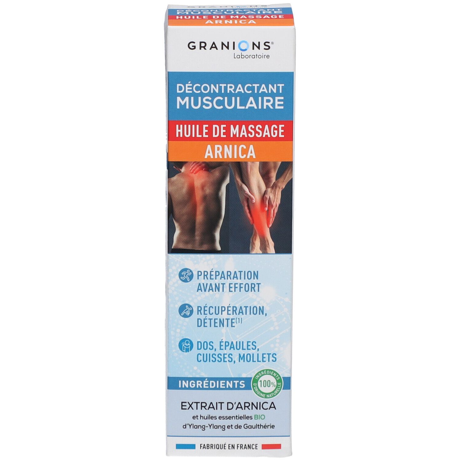 Emballage du produit. Inscription: GRANIONS Décontractant Musculaire Huile de Massage Arnica. Avec illustrations et certification verte 100%.