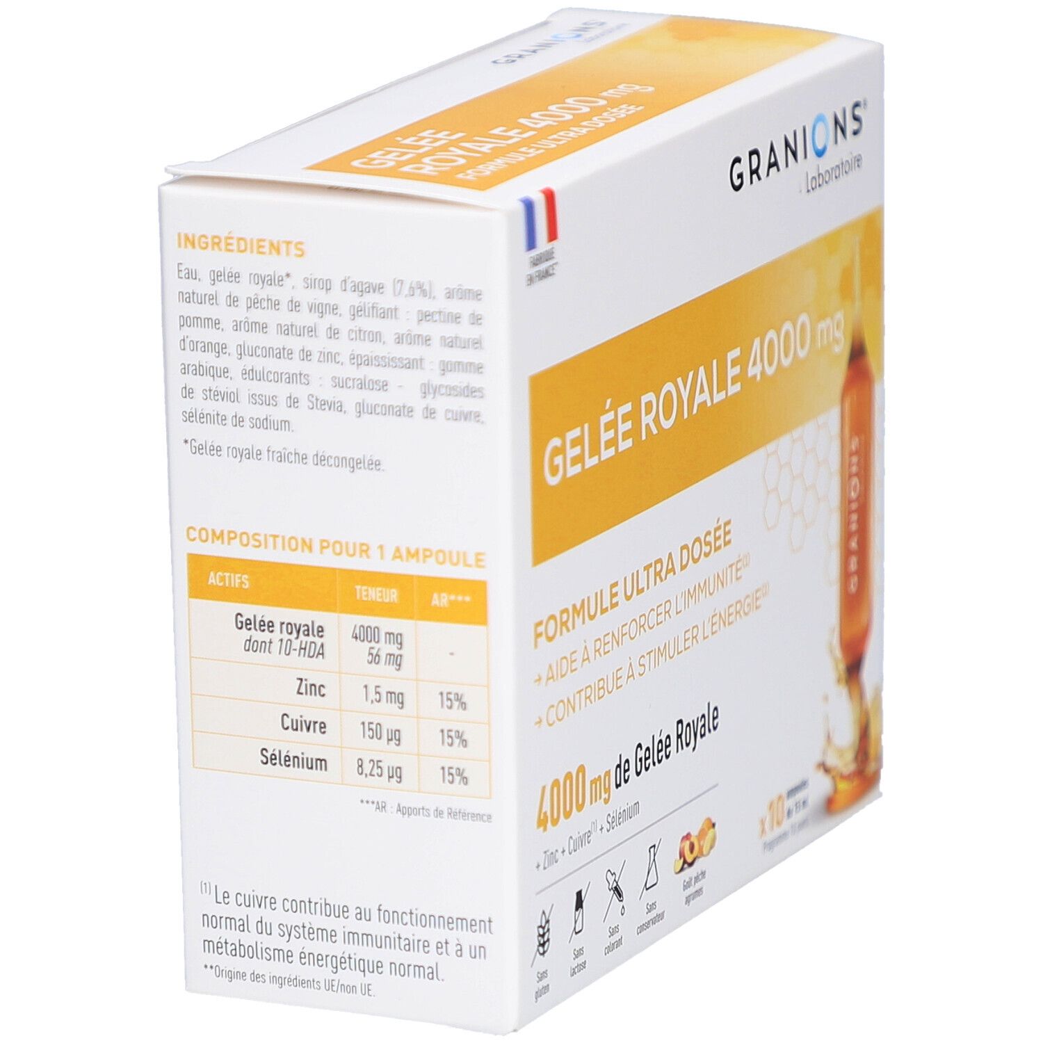 Boîte de GRANIONS Gelée Royale 4000 mg. Liste des ingrédients et informations nutritionnelles par ampoule.