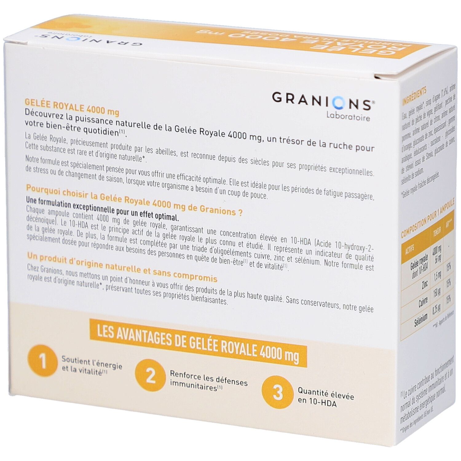 Dos de la boîte GRANIONS Gelée Royale 4000 mg. Avantages du produit et informations.