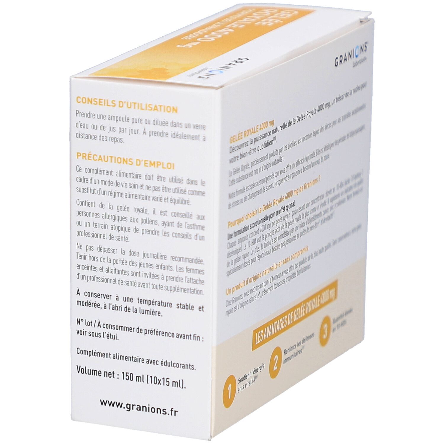 Côté de la boîte GRANIONS Gelée Royale 4000 mg. Conseils d'utilisation et précautions.