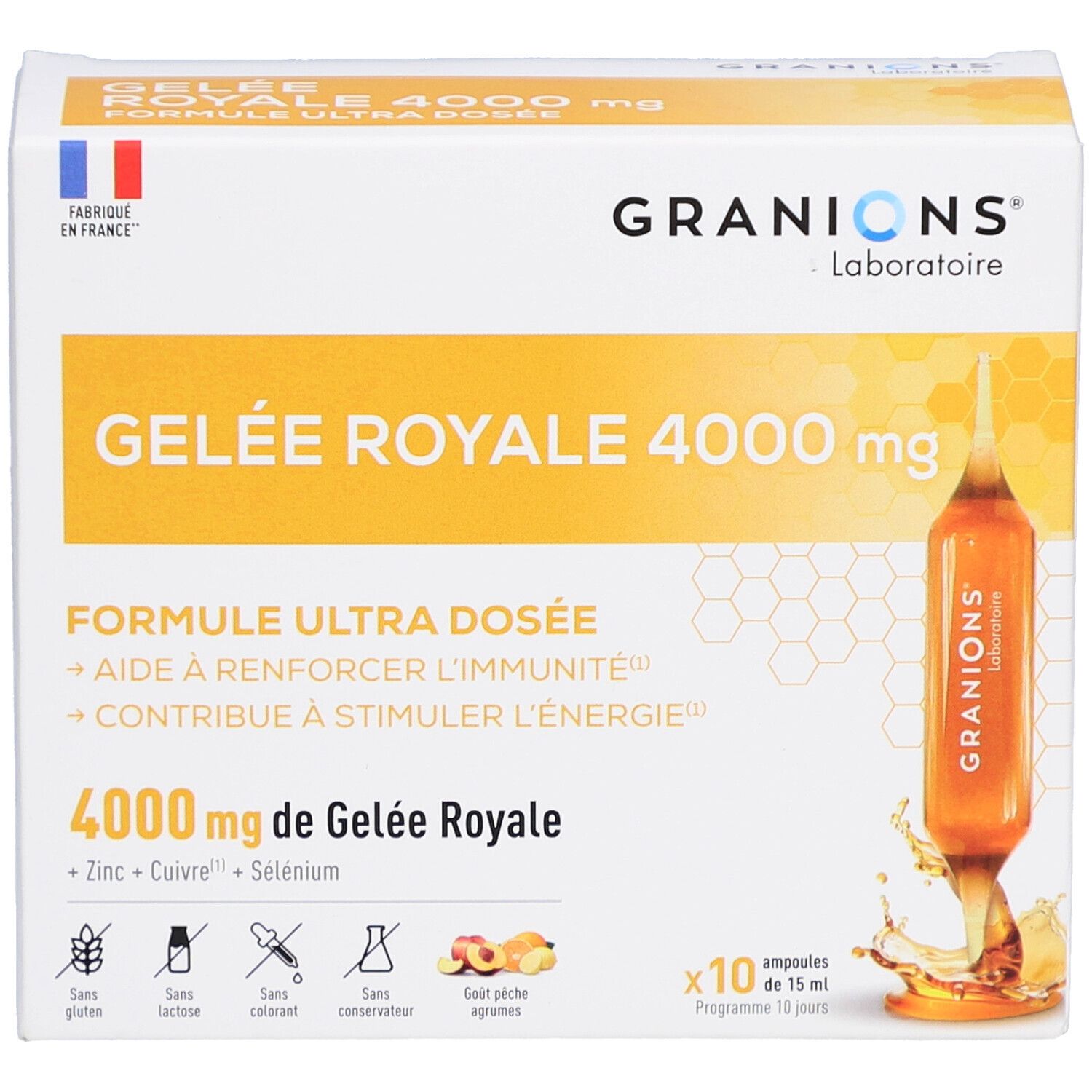 Boîte de GRANIONS Gelée Royale 4000 mg. Contient 10 ampoules. Drapeau français. Informations produit.