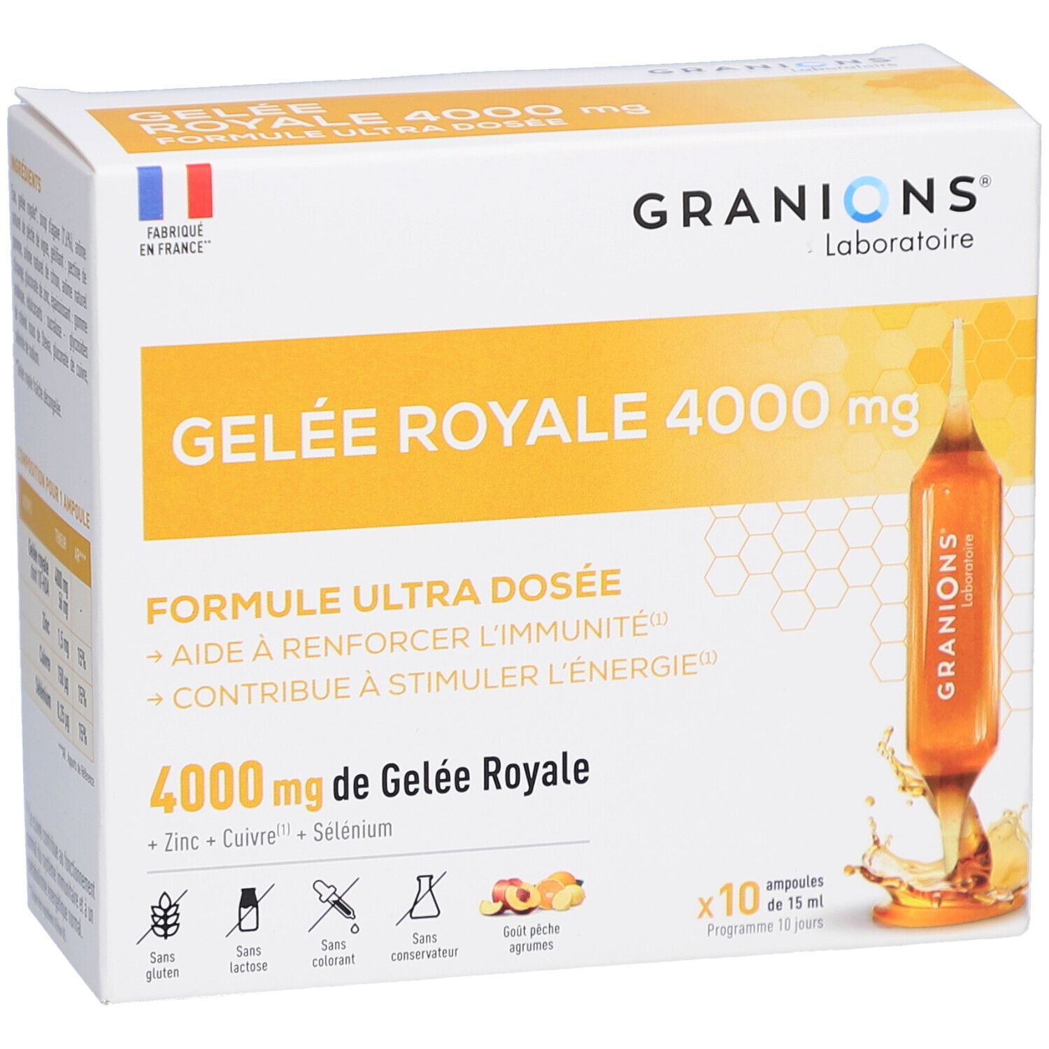 Boîte de GRANIONS Gelée Royale 4000 mg. Contient 10 ampoules. Informations produit.
