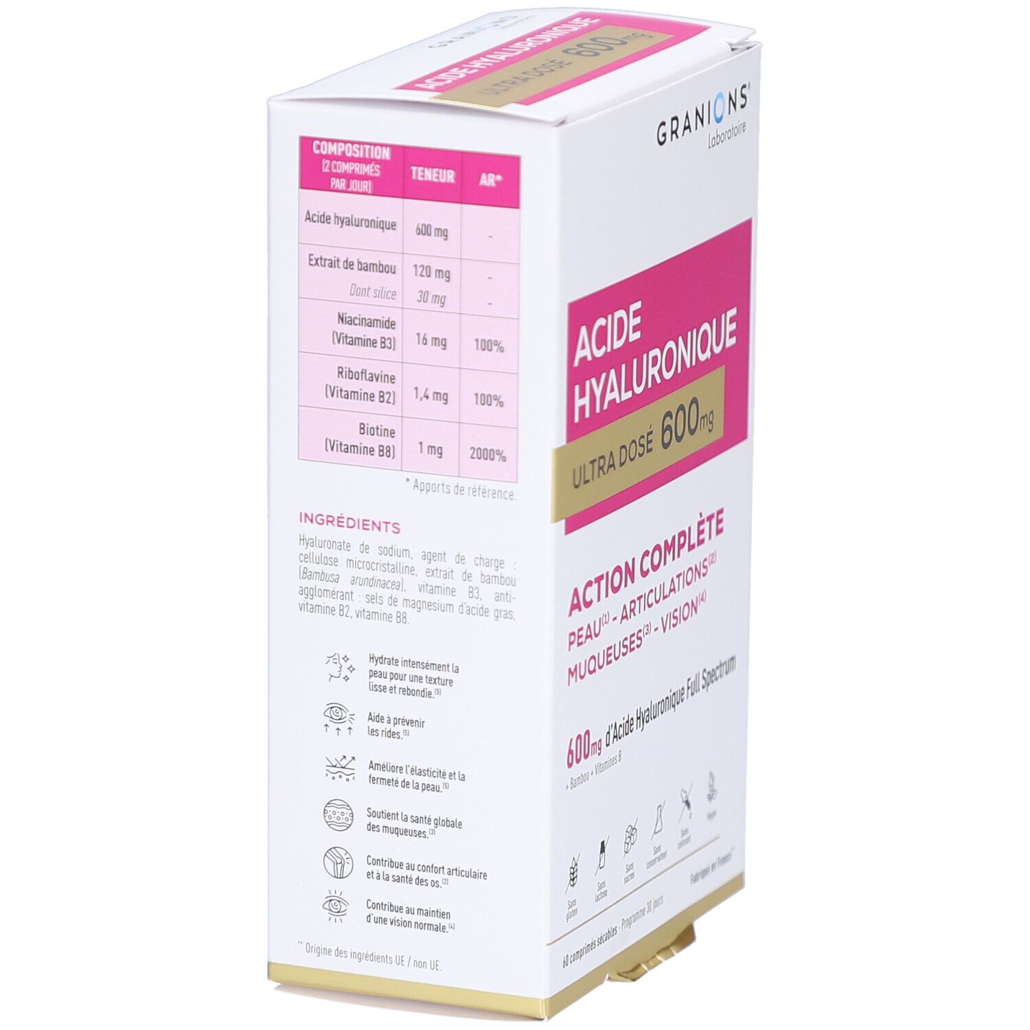 Vue latérale de l'emballage. Contient des informations sur les ingrédients: acide hyaluronique, extrait de bambou, niacinamide, riboflavine, biotine. Texte en français.