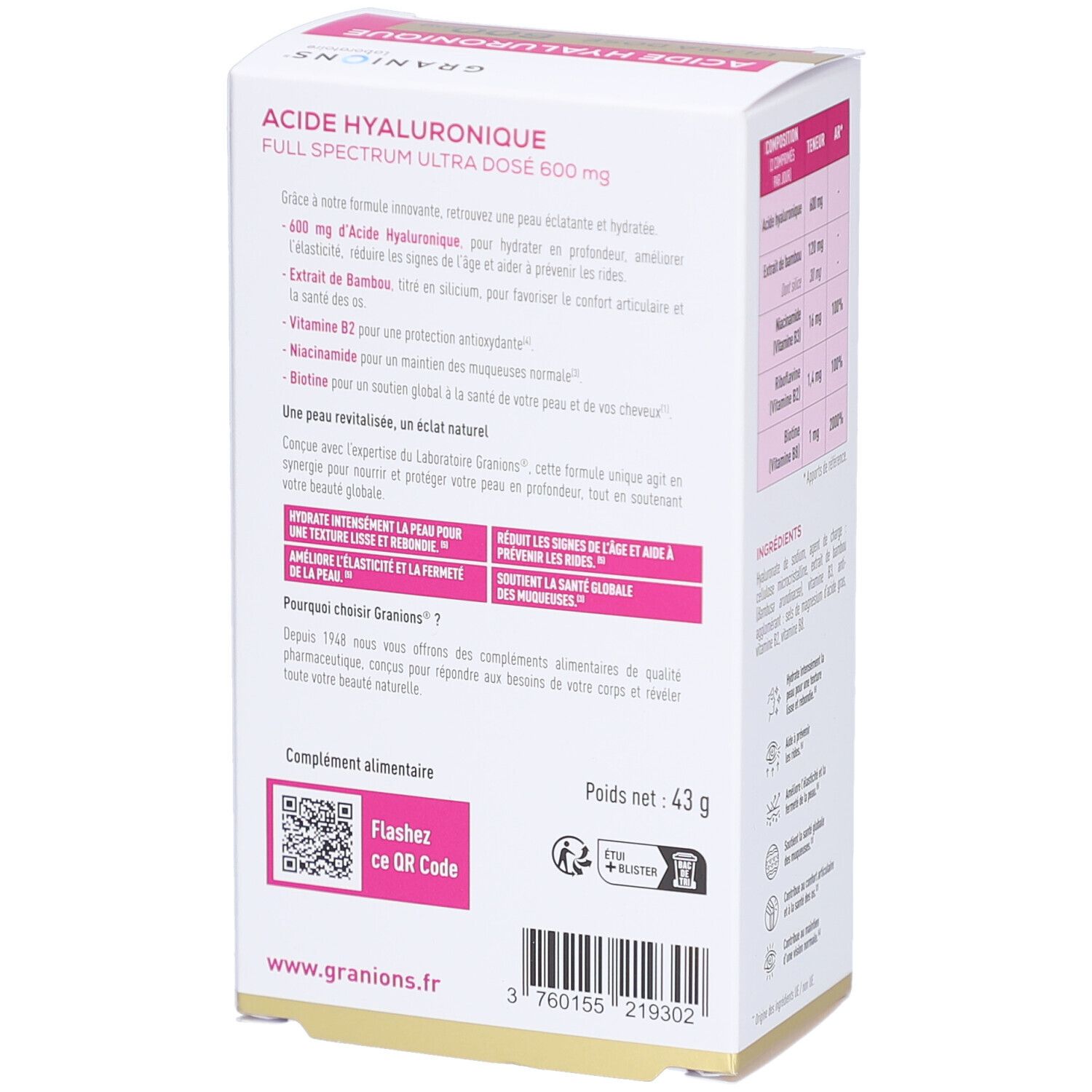 Dos de l'emballage. Contient des informations sur les avantages et la composition du produit. Code QR et adresse du site web.