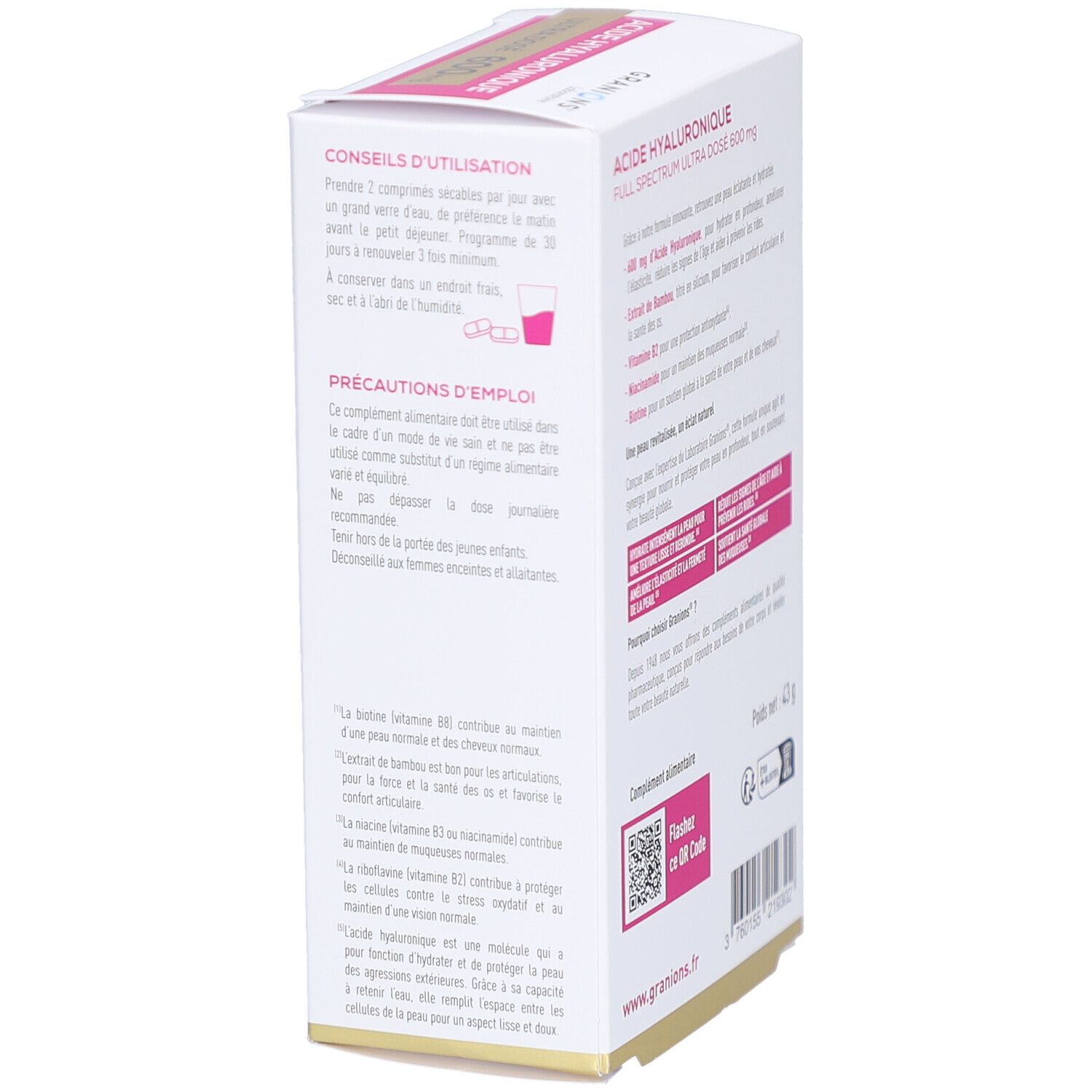 Vue latérale de l'emballage. Contient des informations sur l'utilisation et les précautions. Code QR et adresse du site web.
