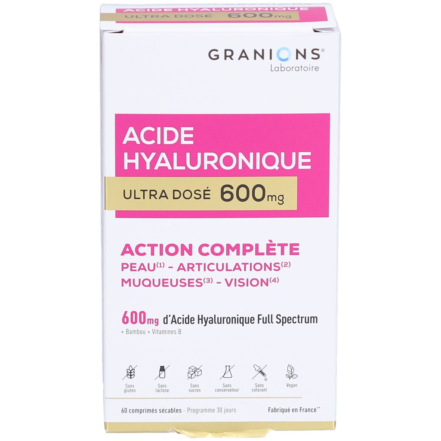 Vue de face de l'emballage. GRANIONS, ACIDE HYALURONIQUE, ULTRA DOSE 600mg. Action complète: peau, articulations, muqueuses, vision. 60 comprimés.