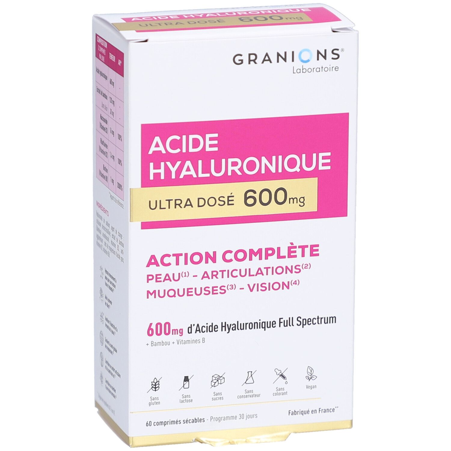 Vue de face de l'emballage. GRANIONS, ACIDE HYALURONIQUE, ULTRA DOSE 600mg. Action complète: peau, articulations, muqueuses, vision. 60 comprimés.