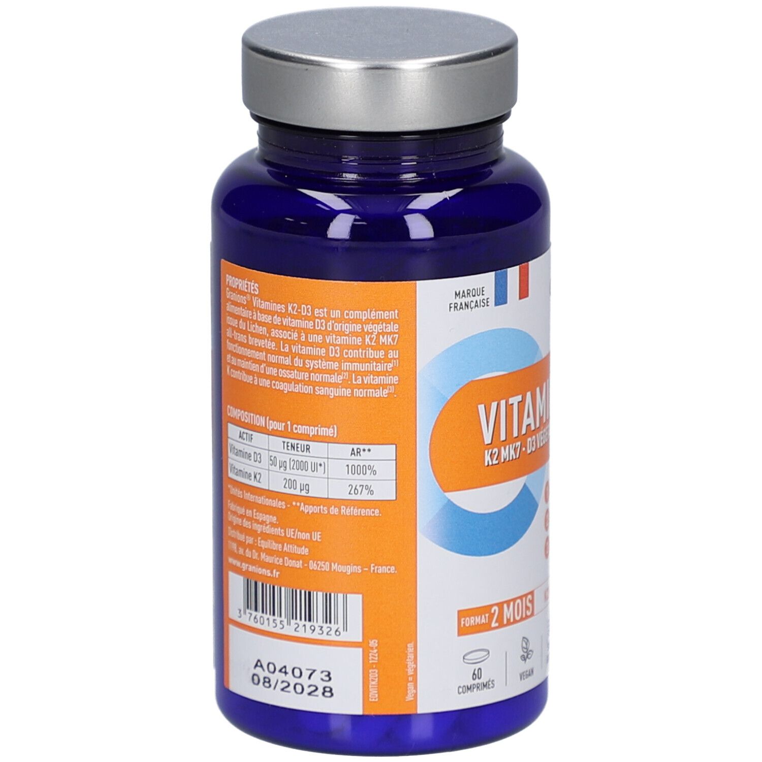 Dos du flacon bleu. Contient des informations sur les ingrédients et les valeurs nutritionnelles. DLUO 08/2028.