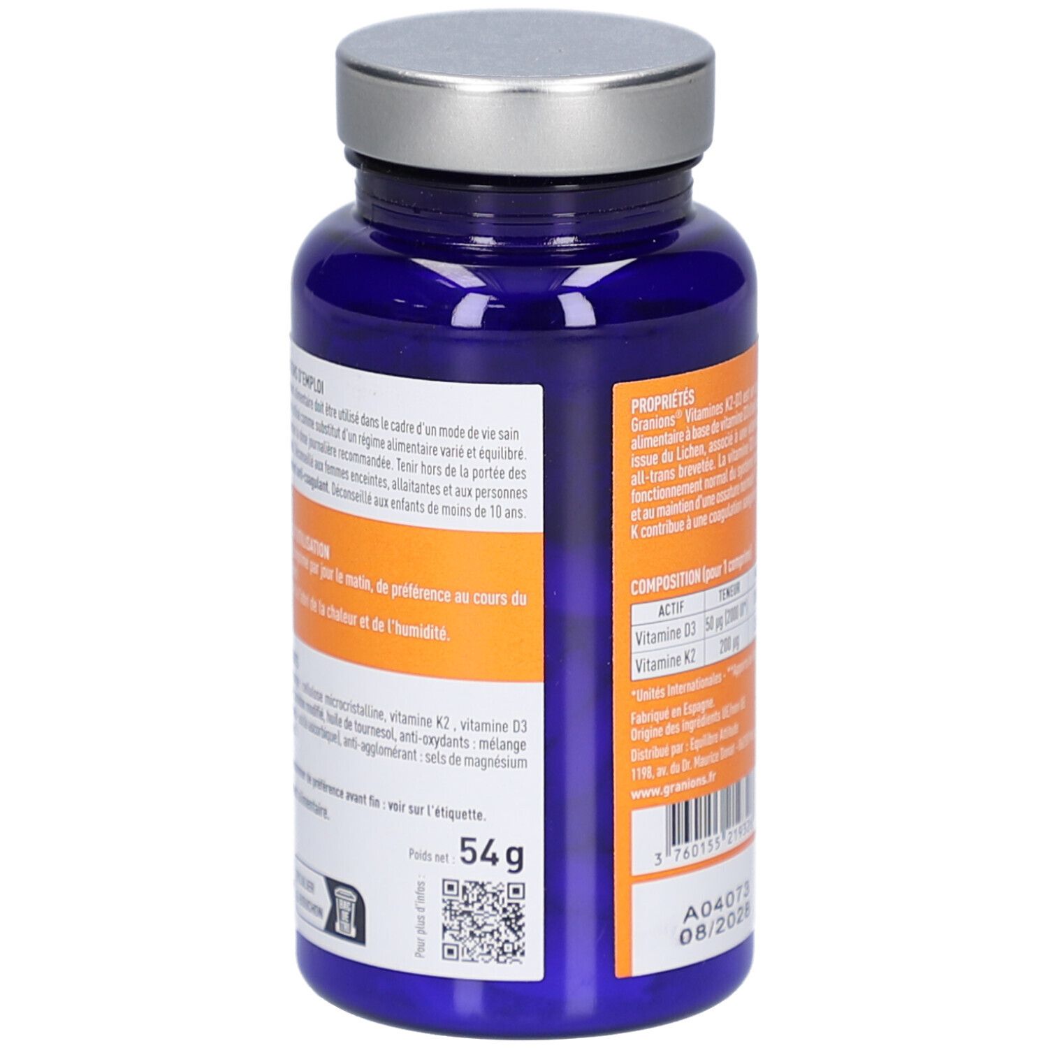 Vue arrière du flacon bleu. Contient des informations d'utilisation et des avertissements. Poids net 54g.